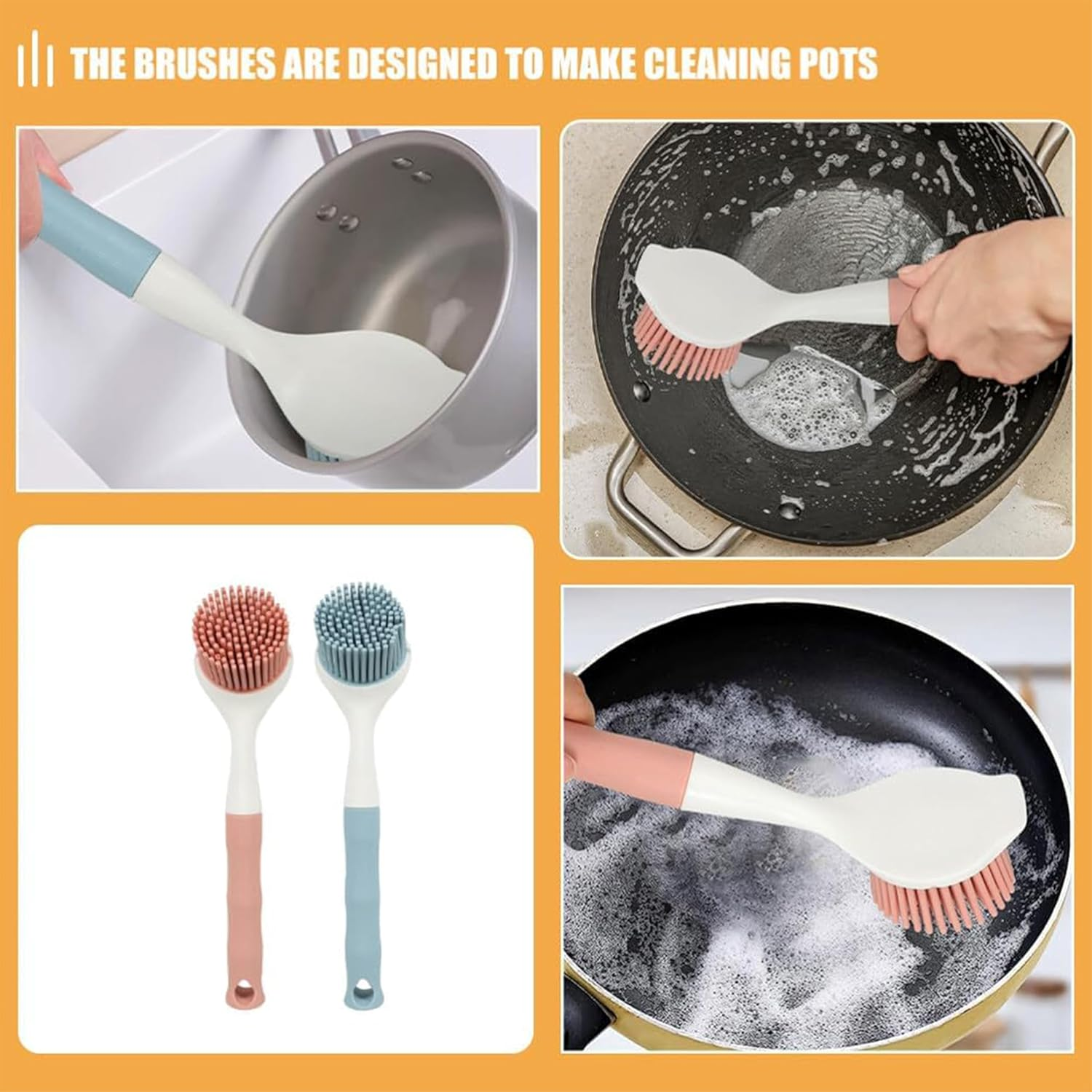 2Pcs Silicone Pot Brush,Kitchen Dish Brush,Long Handle Dish Brush,Sink Cleaning Brush Bottle Scrub Brus,Kitchen Cleaning Brush Kitchen Supplies,For Plates Dishes Kitchen Sink