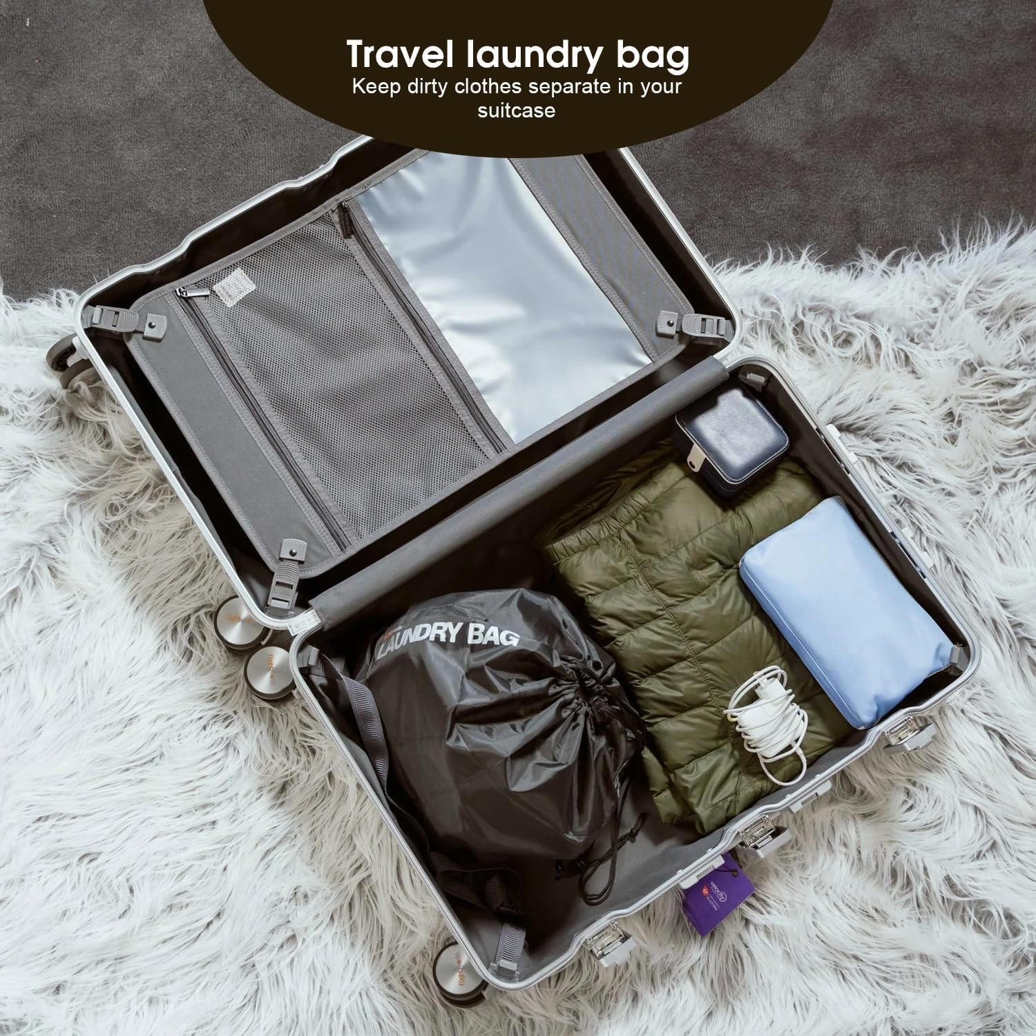 Flightmode Travel Laundry Bag with Drawstring Closure, Multi-Purpose Drawstring Bag for Clothes,Travel Pack Bags Dirty Clothes Bag for Laundromat and Household,Foldable Compact Organiser Bag