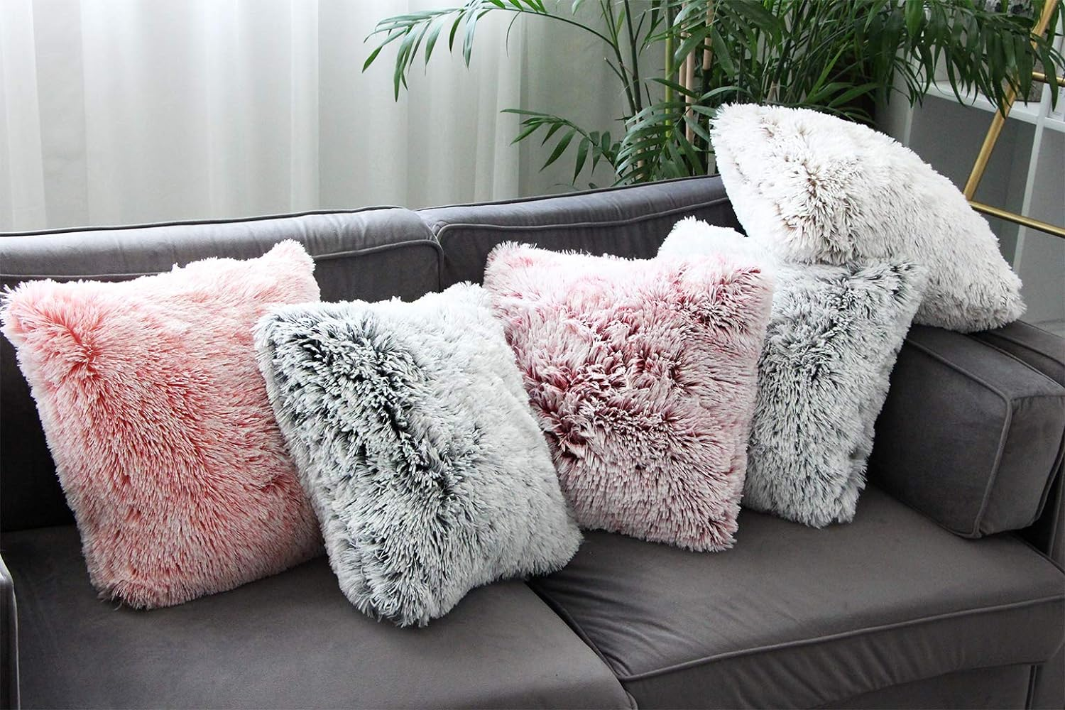 Uhomy 2 Packs Home Decorative Luxury Super Soft Plush Faux Fur Throw Pillow Cover Cushion Case, Double Sides Fur, for Sofa/Bed 18X18 Inch 45X45 Cm Red Ombre image number 4