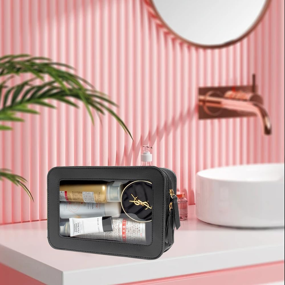 2Pcs Clear Makeup Bag Organizer, TSA Approved Portable Travel Toiletry Bag Set Multipurpose Cosmetic Bag Case for Women Vegan Leather Make up Pouch Makeup Brushes Storage Case Bags (Black C Set) image number 1