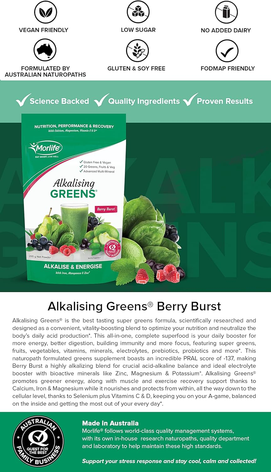 Morlife Alkalising Greens Powder Supplement, Berry Burst, 20 Super Greens, Fruits and Vegetables, Pre & Probiotics, Key Alkalizing Minerals, Vegetarian Superfood Formula, 7 Oz, 20 Servings image number 5