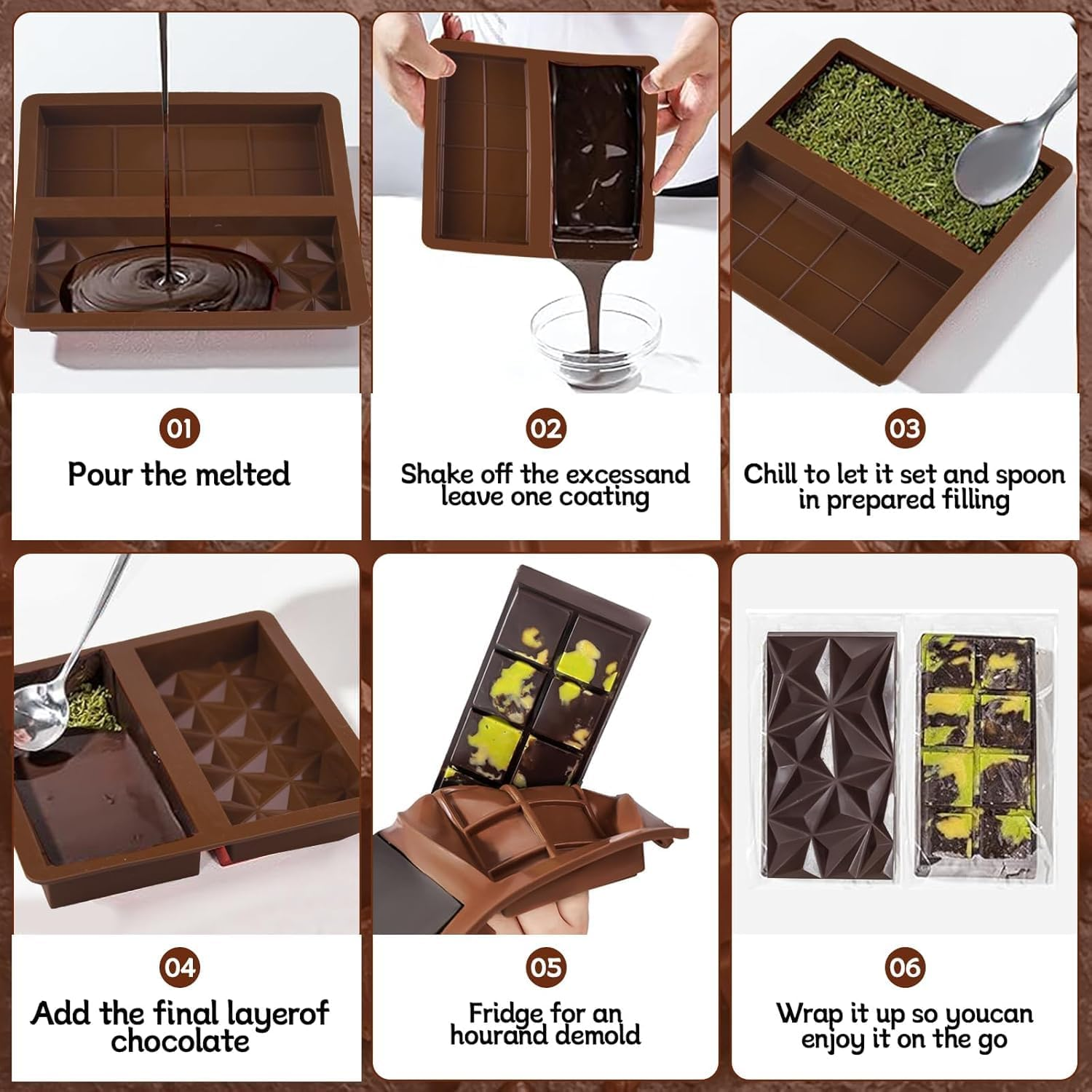 2PCS Chocolate Moulds, Myrthra Dubai Chocolate Mold Set with 100 Pieces Storage Bag and Scraper, Silicone Thick Chocolate Bar Molds image number 1