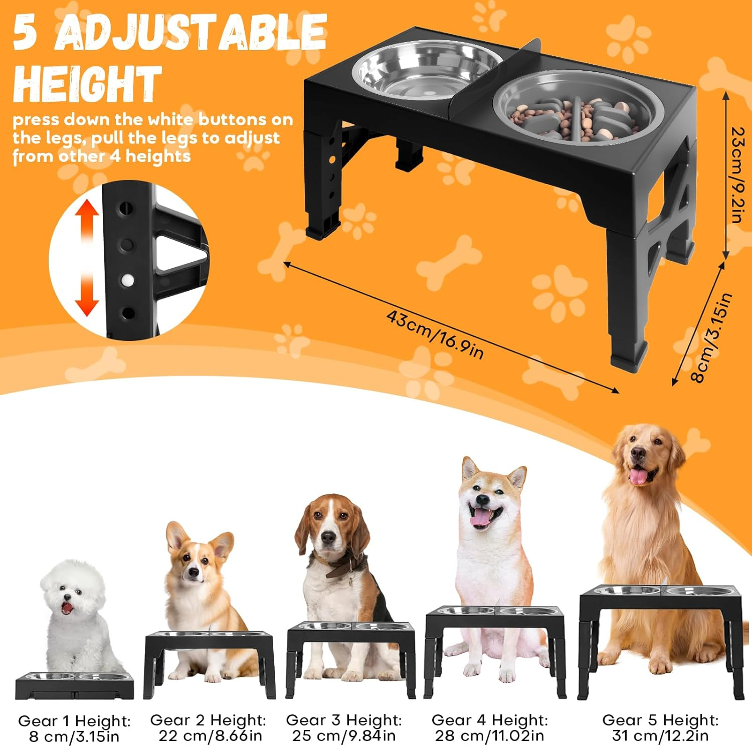 Elevated Dog Food Bowls, 5 Heights Adjustable(8Cm, 22Cm, 25Cm, 28Cm, 31Cm), Raised Dog Bowl Stand with 1 Stainless Steel Bowl & 1 Slow Feeder Bowl, Food Dishes for Small Medium Large Dogs image number 4