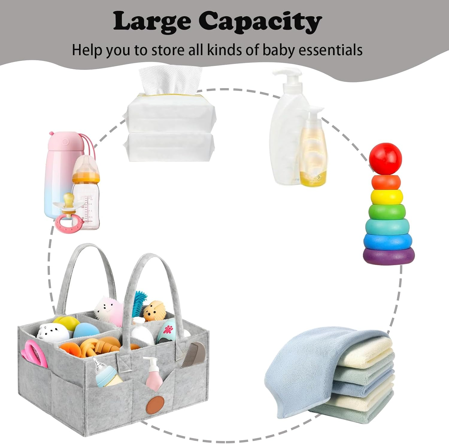 Jotia Modern Gray Diaper Caddy Organizer, Felt Cloth Nursery Storage Bin and Car Organizer, Baby Storage Basket for Diapers and Baby Wipes, Changing Table Organizer for Indoor Outdoor image number 1