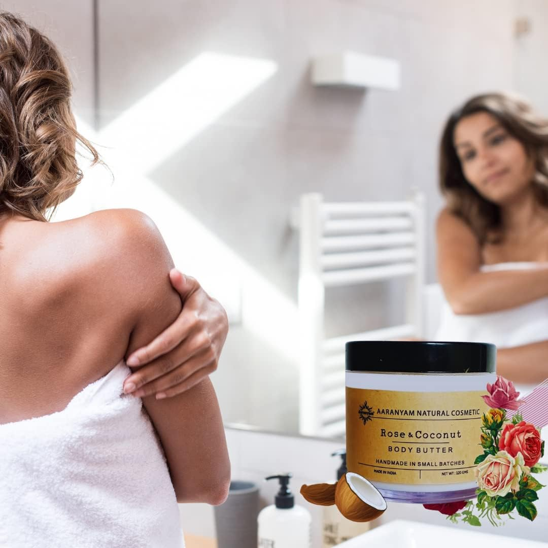 Aaranyam Rose & Coconut Body Butter Moisturizer Cream - Dry Skin Moisturizer with Goodness of Shea Butter Raw Cocoa Butter - Body Cream - Winter Cream for Women & Men, 120 G image number 1
