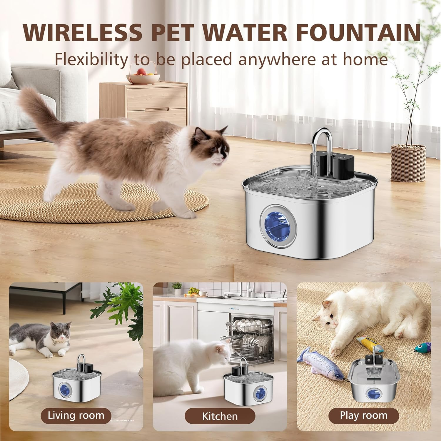 Cordless Cat Water Fountain Stainless Steel, 3.2L Automatic Wireless Pet Drinking Fountain Battery Operated with Water Level Window for Cats Dogs image number 4