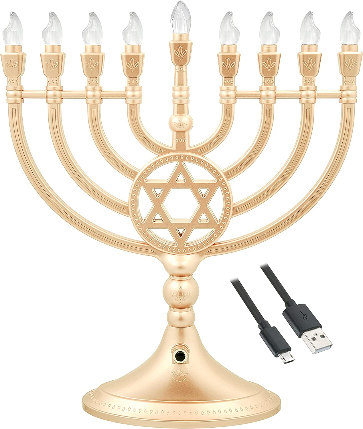 Traditional LED Electric Gold Hanukkah Menorah with Crystals - Battery or USB Powered - Includes a Micro USB 4' Charging Cable