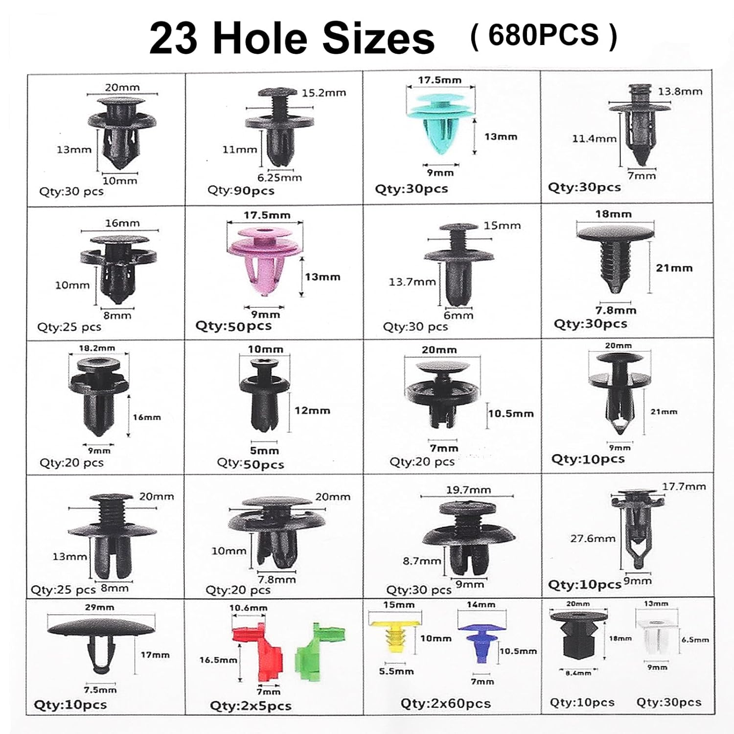 725Pcs Car Push Retainer Clips & Auto Fasteners Assortment -23 Most Popular Sizes Nylon Bumper Fender Rivets with 10 Cable Ties and Fasteners Remover for Toyota GM Ford Honda Chevy image number 6