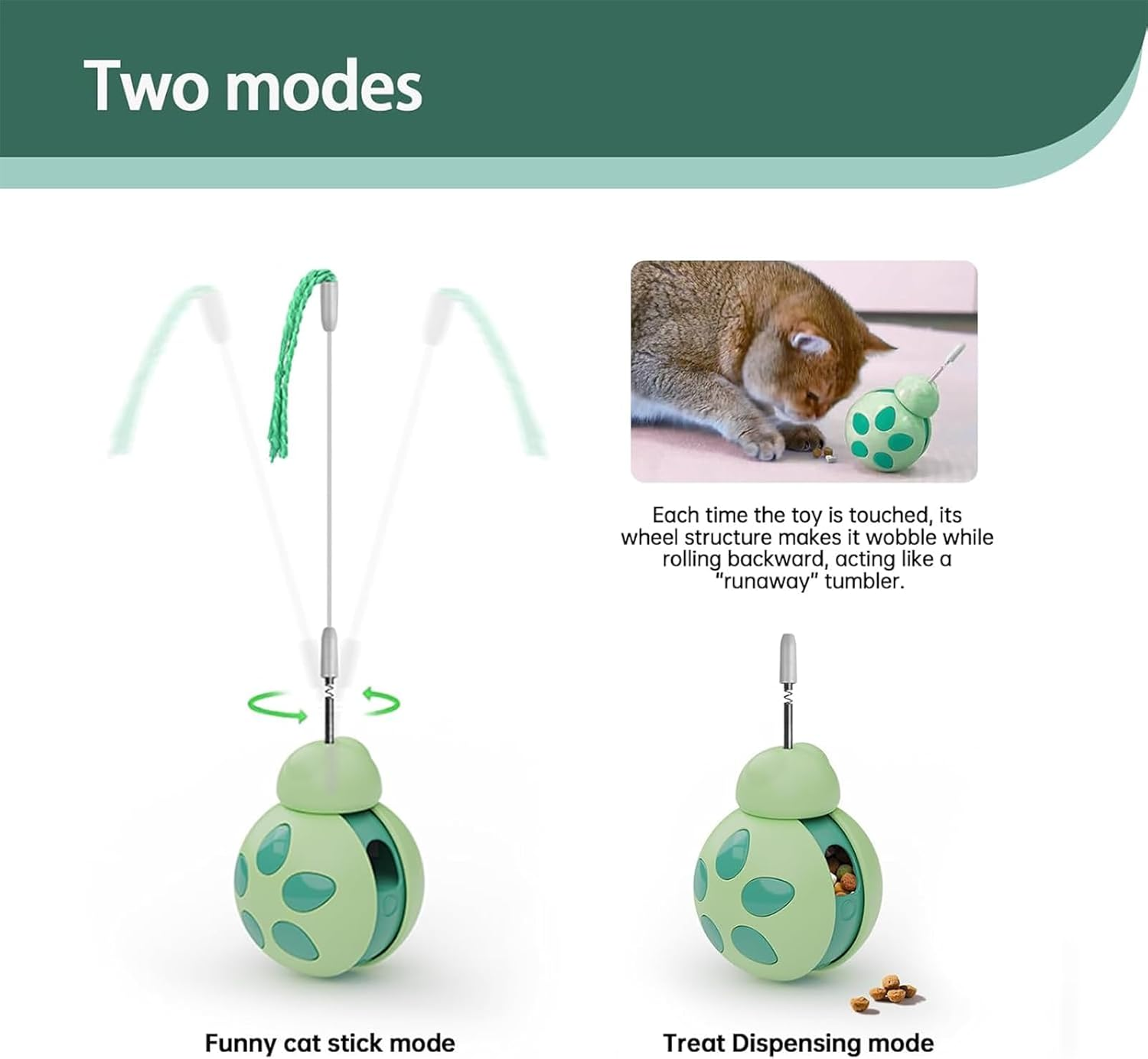 Yeanifeana Beetle Cat Toy for Indoor Cats, Interactive Treat Dispenser & Tumbler Toy with Cat Wand, Slow Feeder Balance Car Design for Exercise/Boredom Relief (Green) image number 4