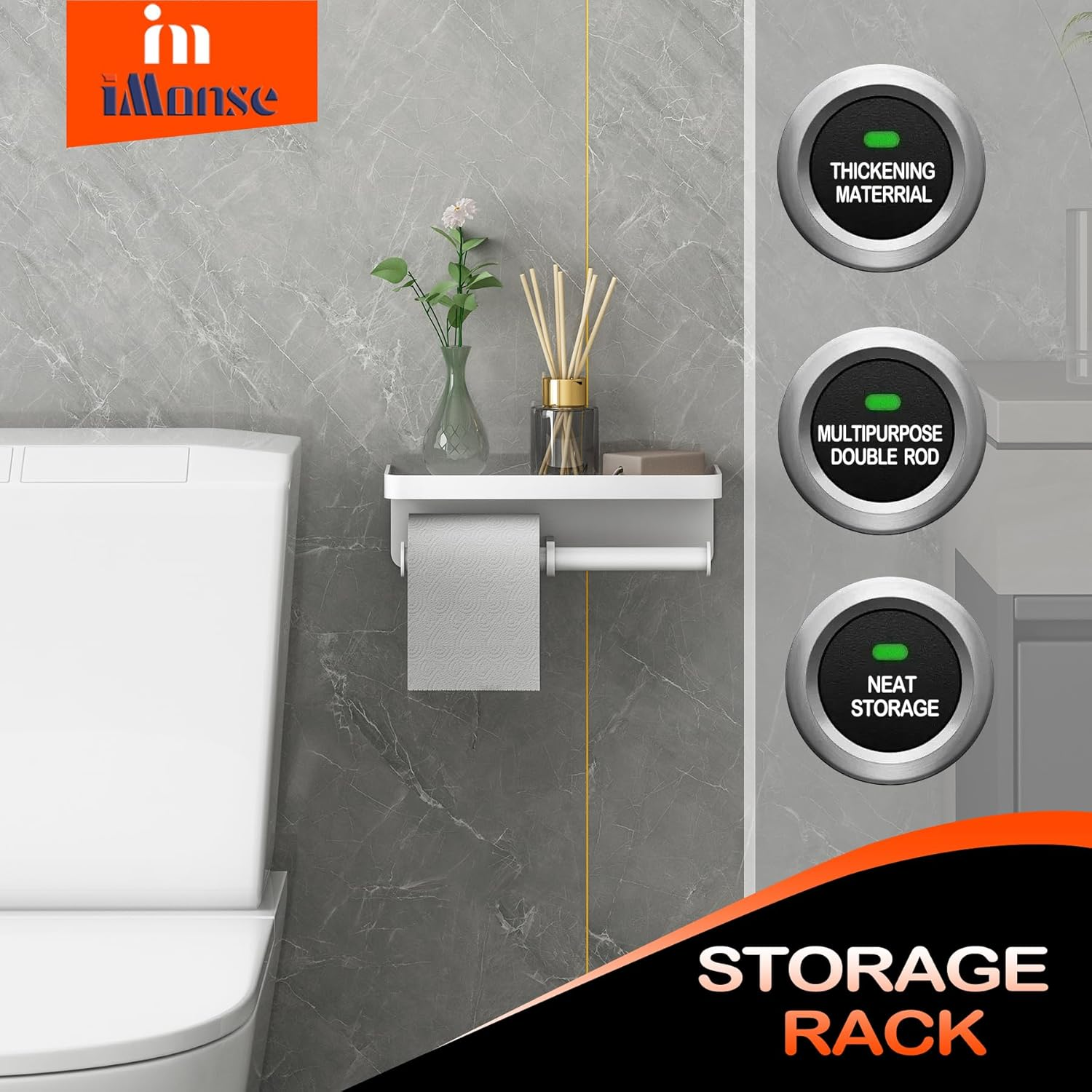 Double Toilet Paper Holder with Shelf, Imonse Paper Towel Holder Wall Mount,Tissue Roll Holder for Bathroom Kitchen RV, Double Tissue Roll Rack with Adhesive & Screw (White)