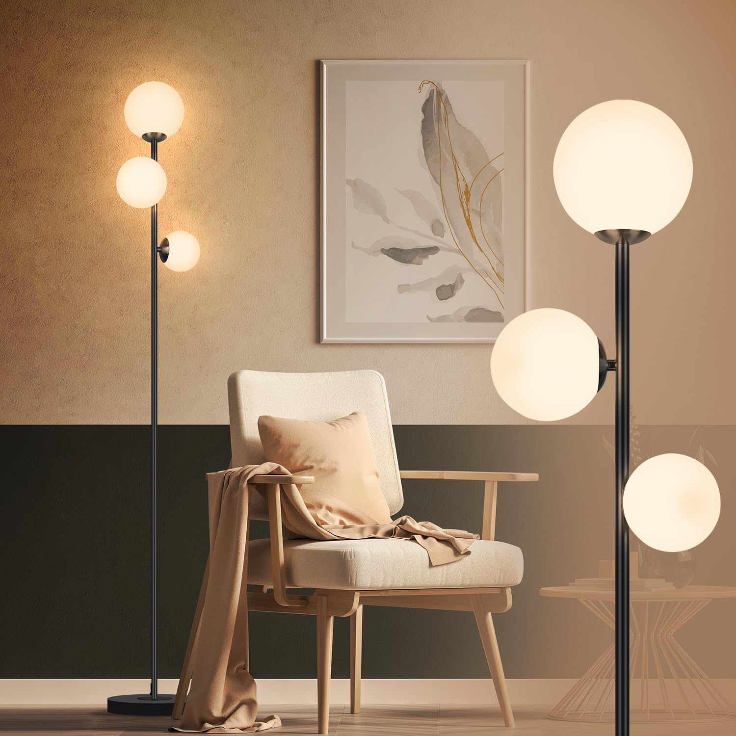 Soilsiu Mid Century Modern Floor Lamp for Living Room, 3 Globe Black Floor Lamp with Frosted Glass Shade, Vintage Standing Tall Floor Lamp for Bedroom, Office - LED Bulbs Included