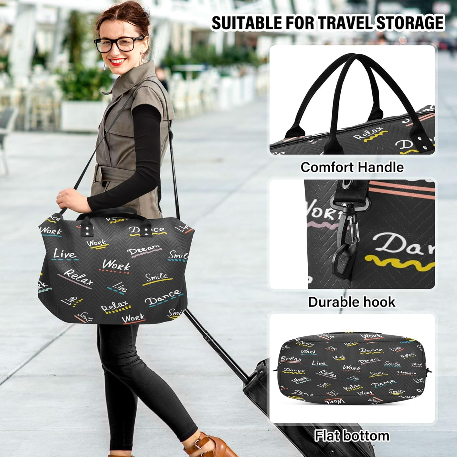 Travel Hand Bag Sports Duffel Bags Travel Overnight Carry on Bag with Adjustable Strap for Gym Waterproof Live Dream Work Relax Dance, Multi, One Size, Modern/Fitted, Multi, One Size, Modern/Fitted image number 3