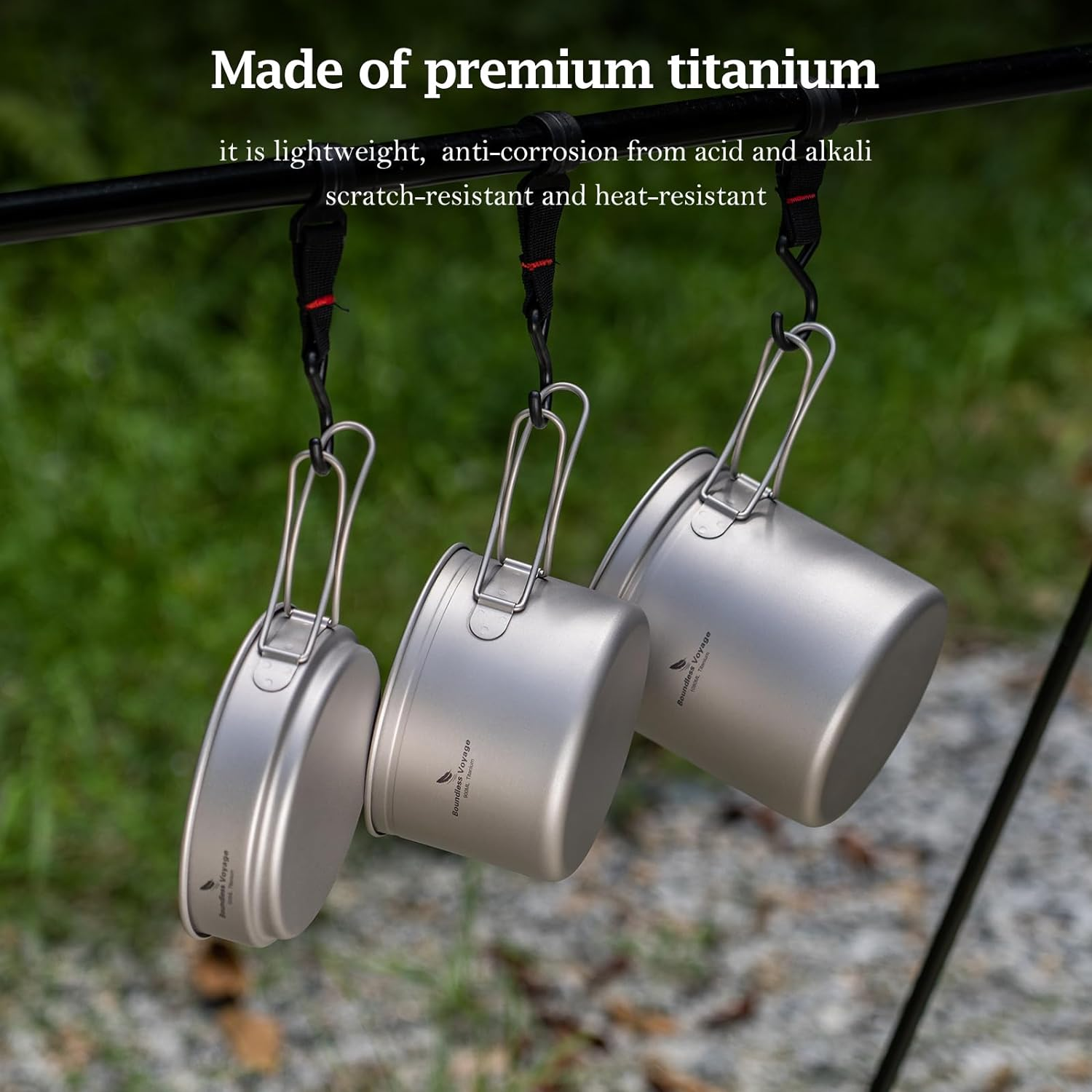 Boundless Voyage Titanium Pots and Pans with Folding Handle Outdoor Camping Soup Pot Bowl Frying Pan Mess Kit Hiking Picnic Travel Backpacking Cookware Tableware Ti1585B 500Ml+900Ml image number 6