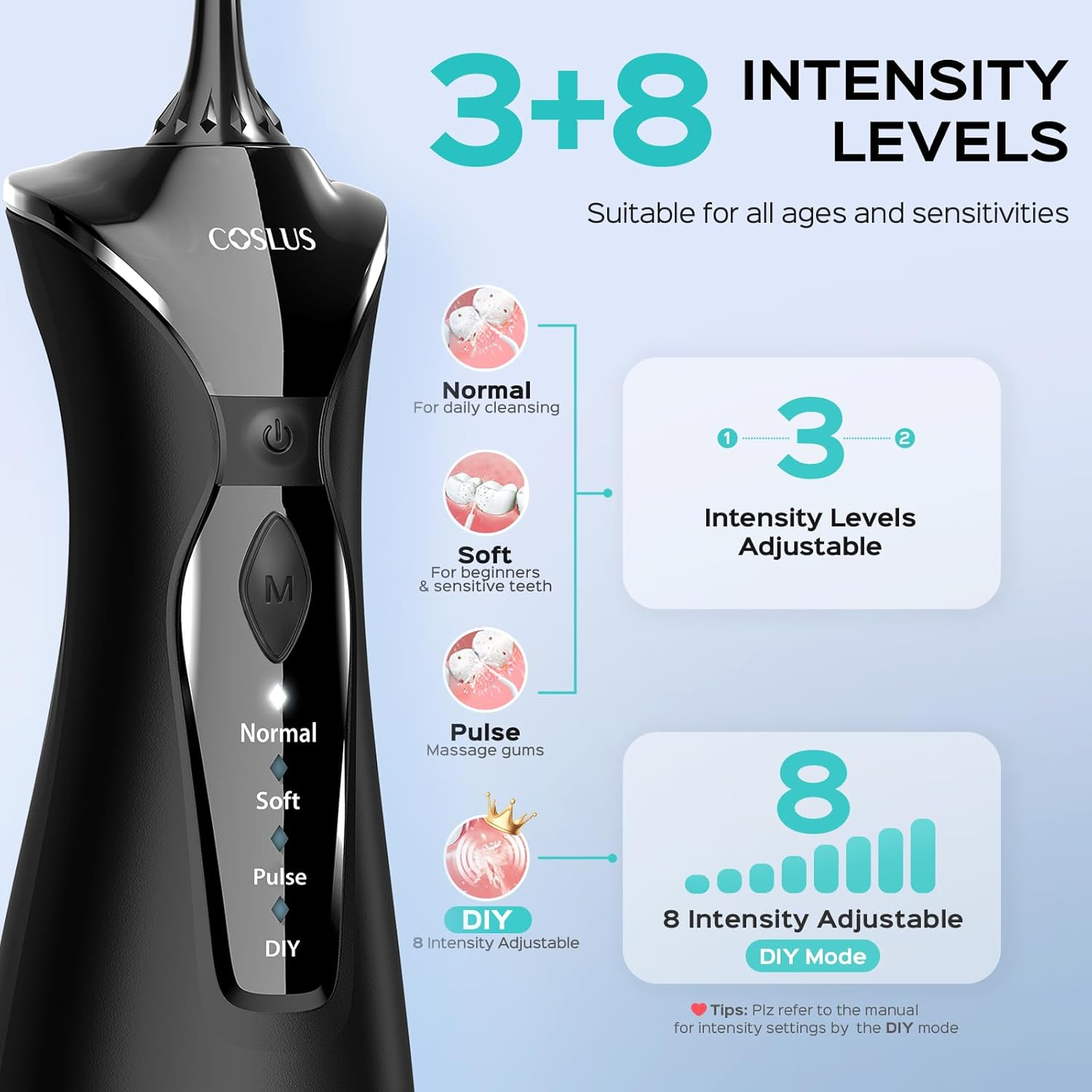 Water Dental Flosser Pick for Teeth: COSLUS 4 Modes Portable Cordless 300ML Larger Tank, Oral Irrigador IPX7 Waterproof Rechargeable Water Teeth Cleaner Flossing Cleaning Picks for Travel Home Black image number 6