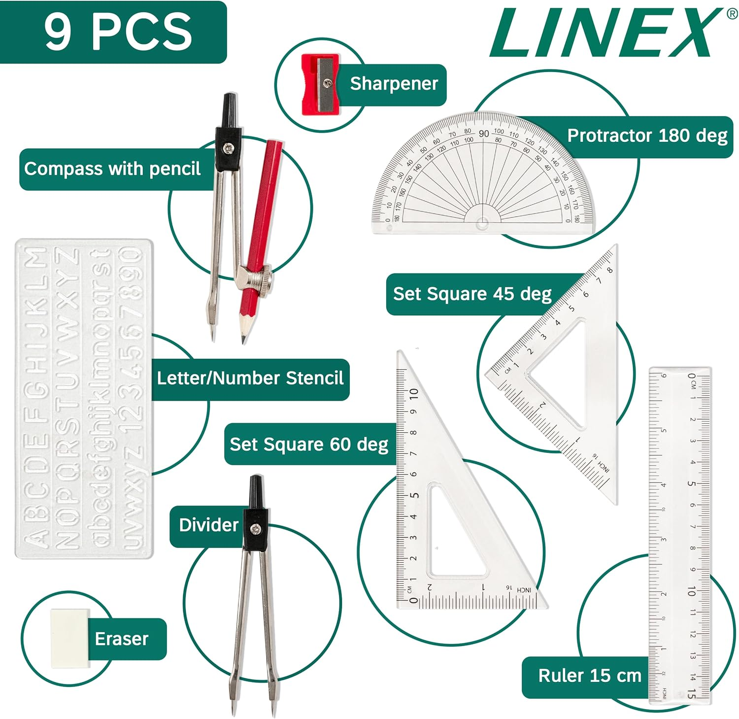 Linex, Maths Set 10 Pieces in Tin Case, Geometry Set for School Student image number 4