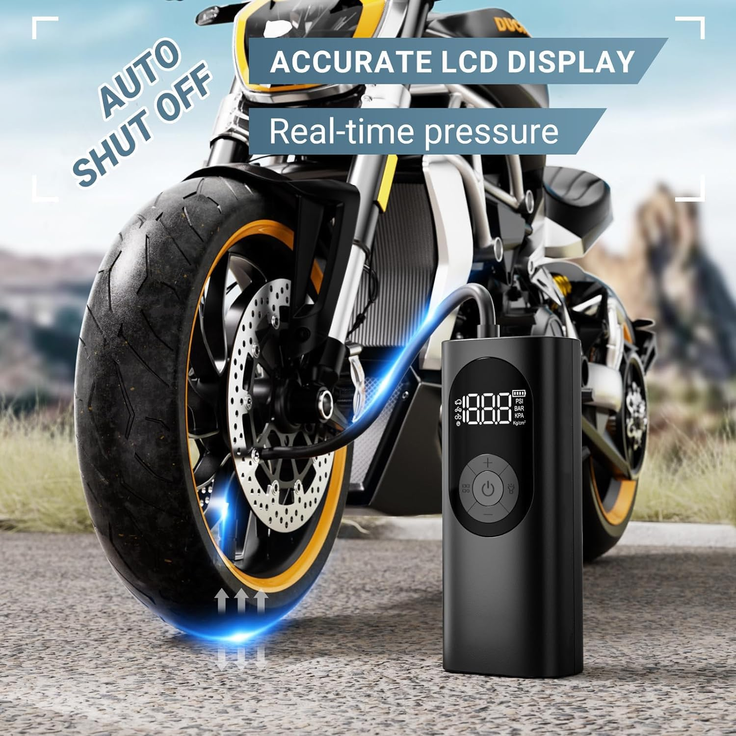 Car Tyre Inflator Air Compressor - Faster Inflation, Cordless Portable Air Pump, 150PSI Electric Tyre Pump with Digital Pressure Gauge & LED Light, Auto Shutoff, for Car, Motorcycle, Bike, Ball image number 2
