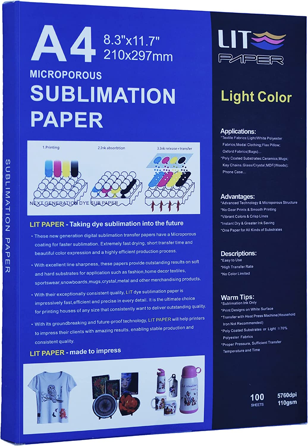 LIT Sublimation Paper A4 210X297 Mm, 100 Sheets 110Gsm Heat Press Transfer Paper - for Any Epson Sawgrass Ricoh HP Canon Inkjet Sublimation Printers with Sublimation Ink for Sub Blanks Shirts Mugs image number 2