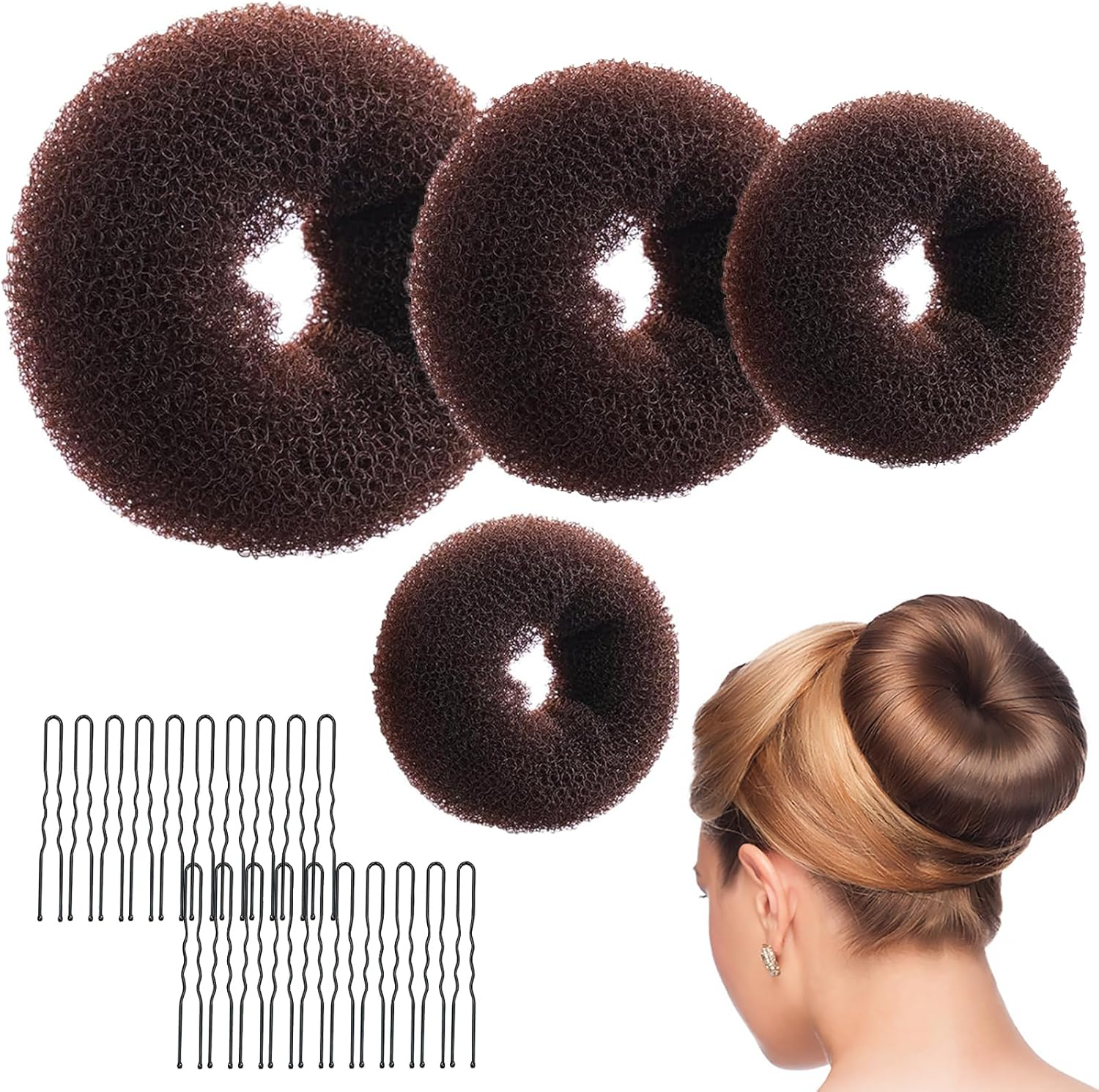 Sularpek Bun Maker Set of 4 Hair Bun Maker Set - Hairstyle Aid Set, 20 U-Shaped Hair Clip, Hair Pin, Bun Pillow, Hair Styling Hair Accessories for Children, Girls, Women (Brown) image number 4