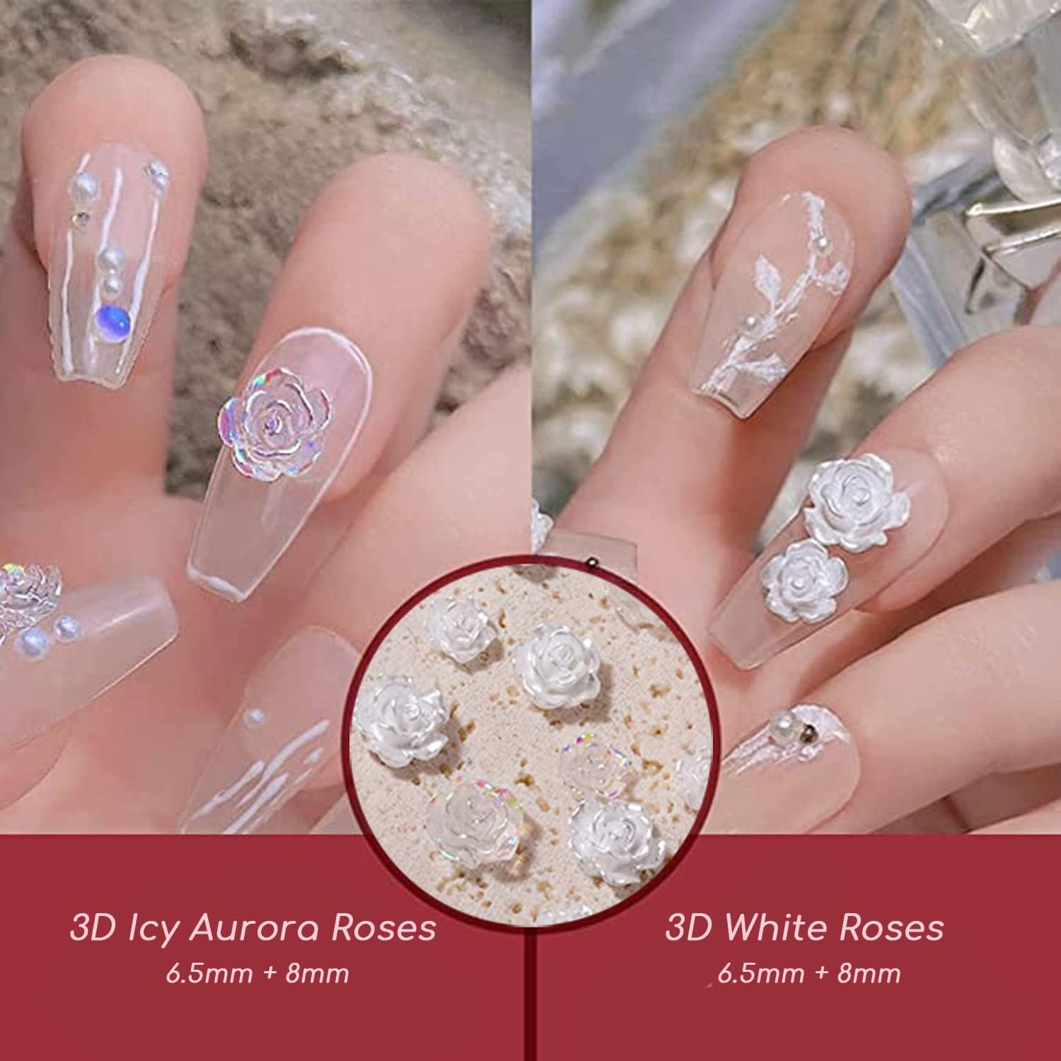 60 Pieces of 3D Nail Art Roses, Beauties Factory Resin Rose 6.5Mm & 8Mm Snow White ICY Aurora Tips Decorations (White) image number 3