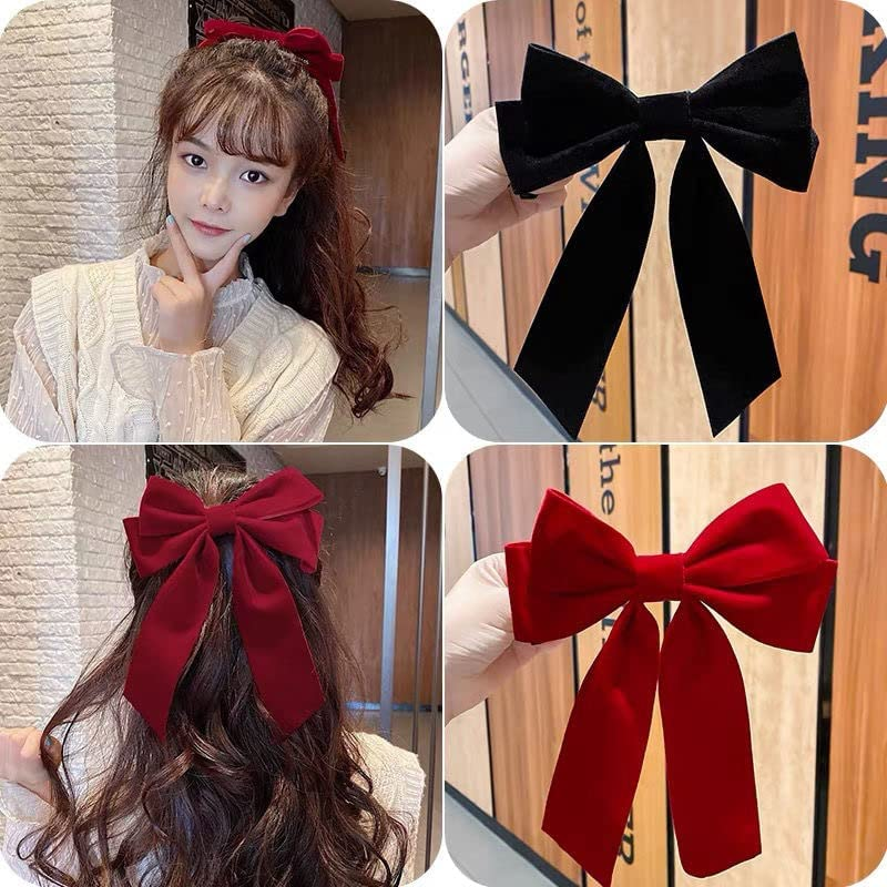 Hair Bows for Women French Barrette Hair Clips Big Bows for Girls Bowknot Hair Clip Metal Hair Accessories for Teen Girls Hairpin Red Black Velvet Bow 2Pcs image number 4