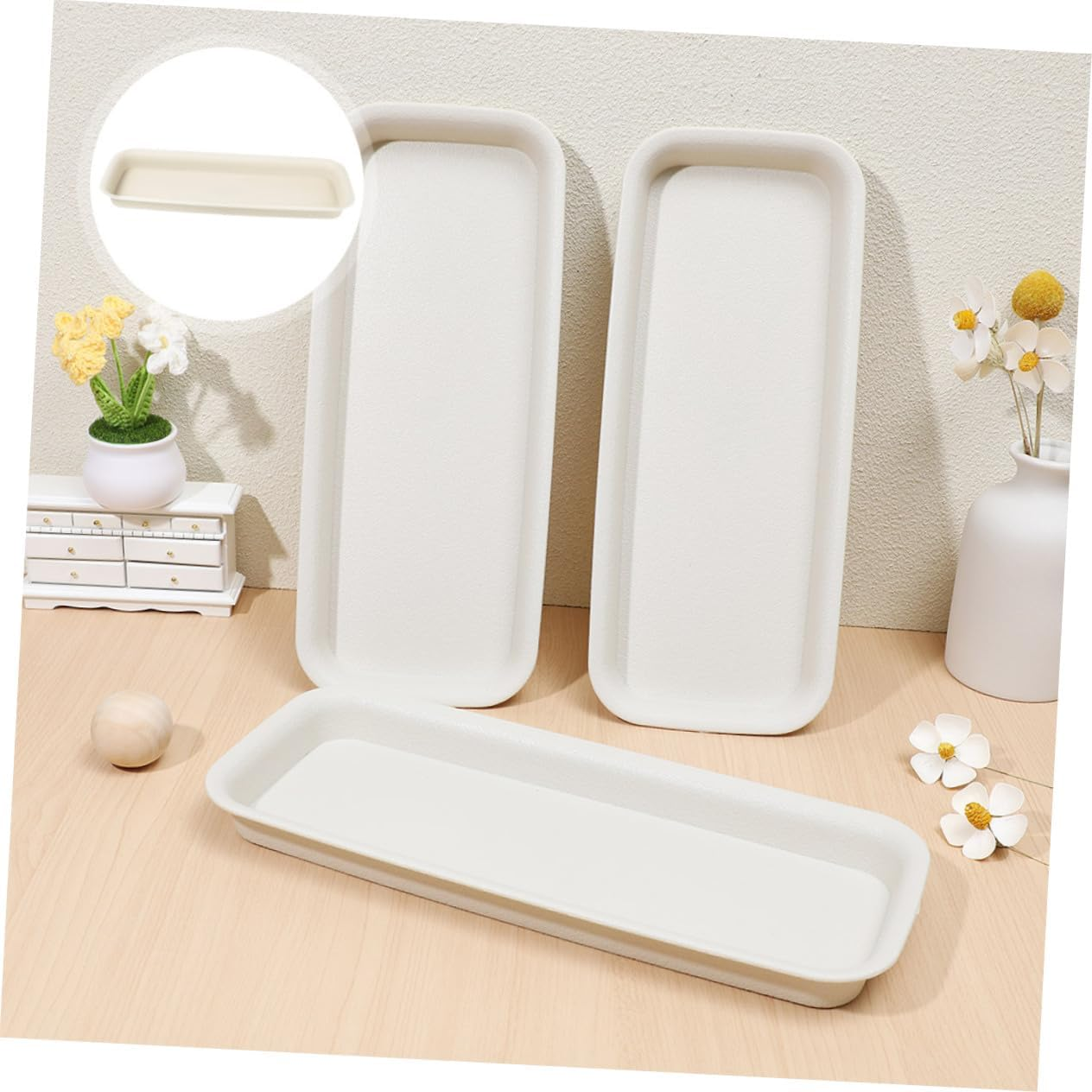 BESPORTBLE Plant Saucer Tray Set for Indoor Plants, 4Pcs Beige Plastic Pot Drip Trays (35.5X14.3Cm) Leak-Proof Water Catchers for Flower Pots and Planters image number 3