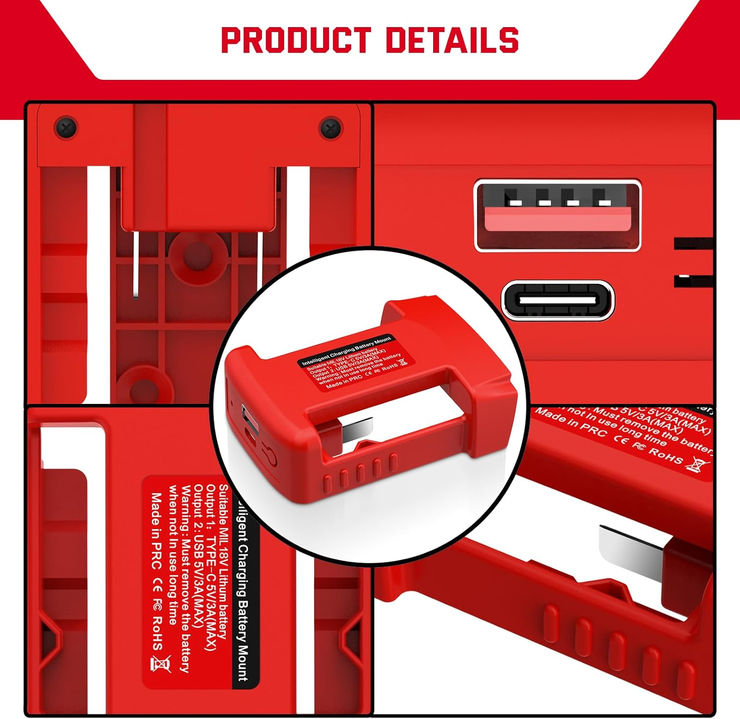 2 Packs USB Charger for Milwaukee 18V M18 Battery, Power Connector with USB and Type-C Charging Interface, Power Wheel Adapter (Adapter Only) - For Mak 18V image number 3