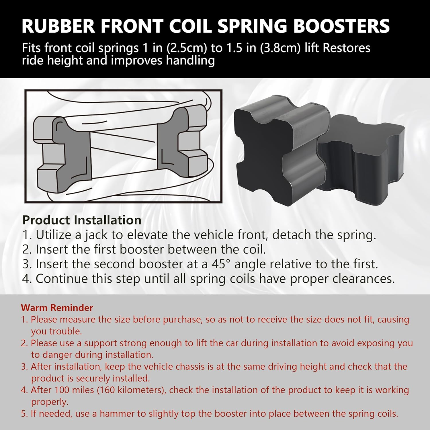 4PCS Rubber Coil Spring Spacers,Heavy Duty Front Coil Spring Booster Kit for 1" to 1.5" Coil Spring Lift,Universal Rubber Lift Blocks Car Accessories for Most Cars Trucks Suvs image number 3