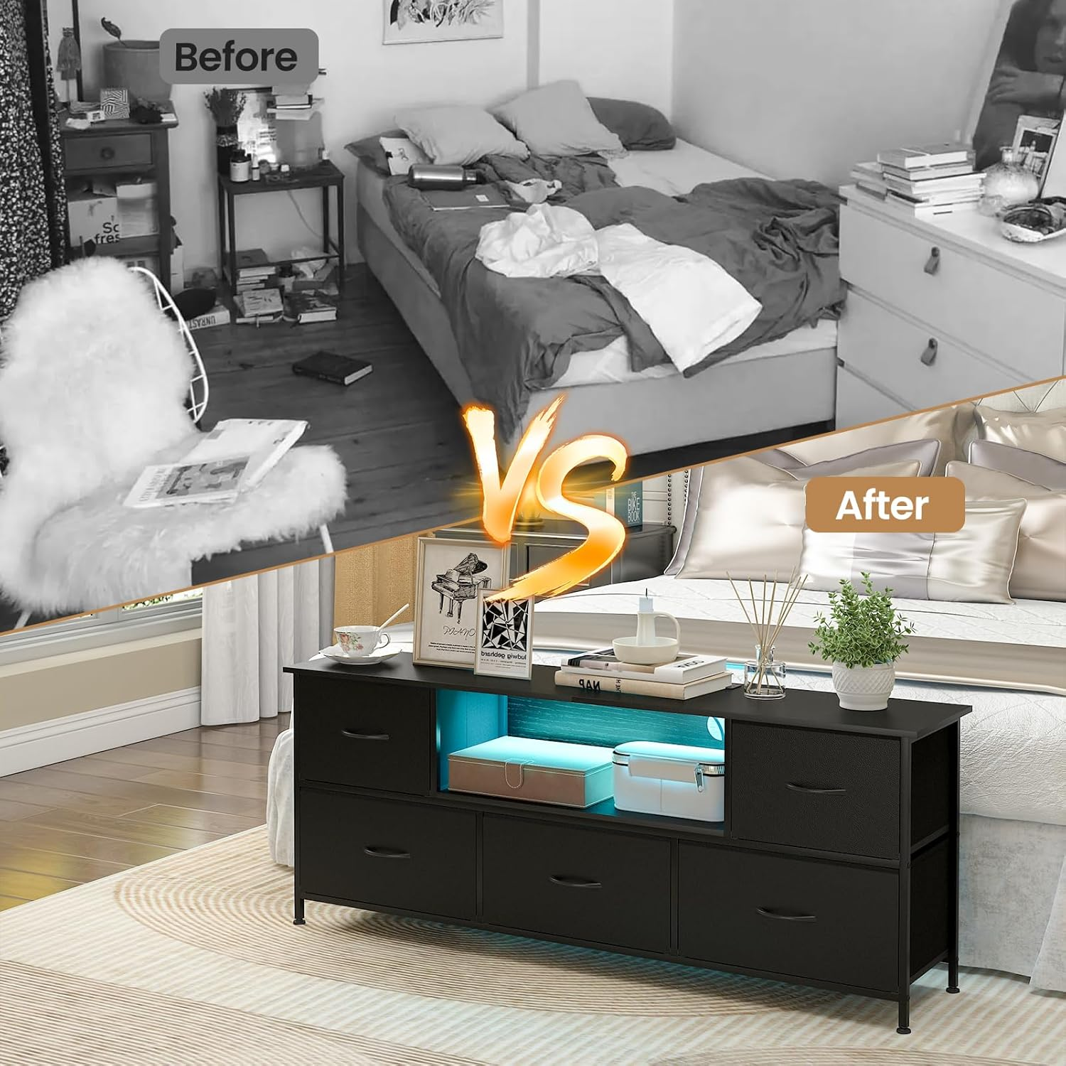 Advwin TV Unit Cabinet 140Cm with 16-Color RGB LED & Charging Station, TV Stand with 5 Storage Drawers & Open Shelf, Entertainment Center for Living Room, Bedroom, Black image number 2