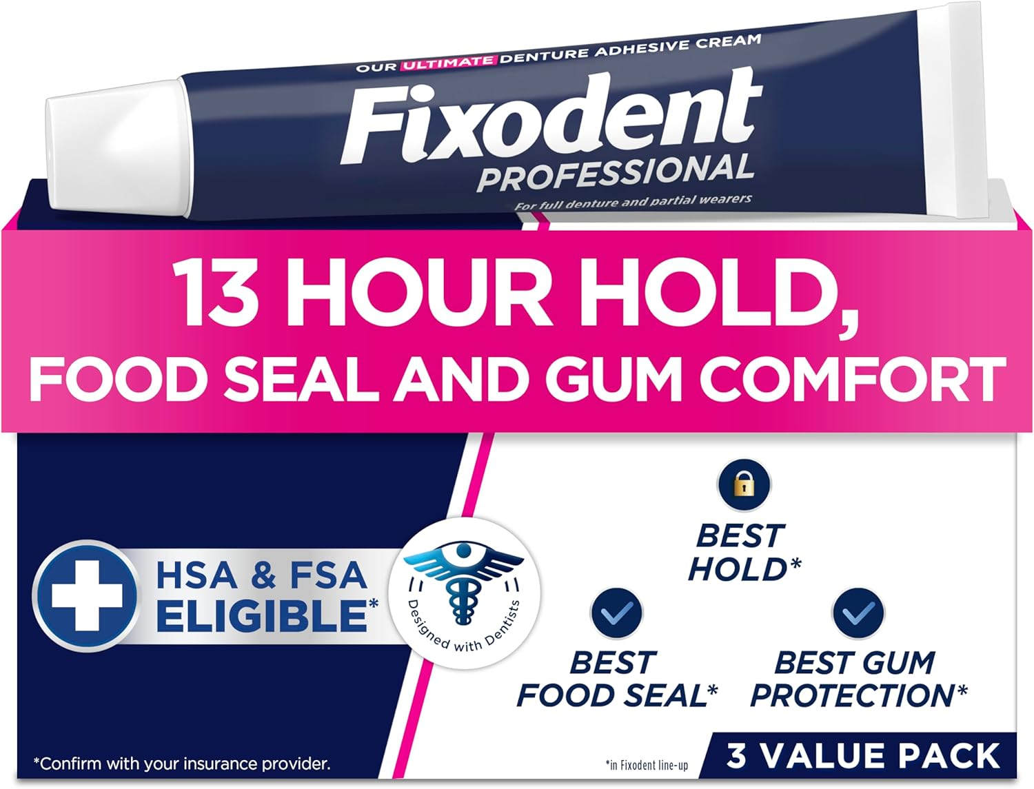 Fixodent Professional Ultimate Denture Adhesive Cream for Full and Partial Dentures, 1.8 Oz, 3 Pack