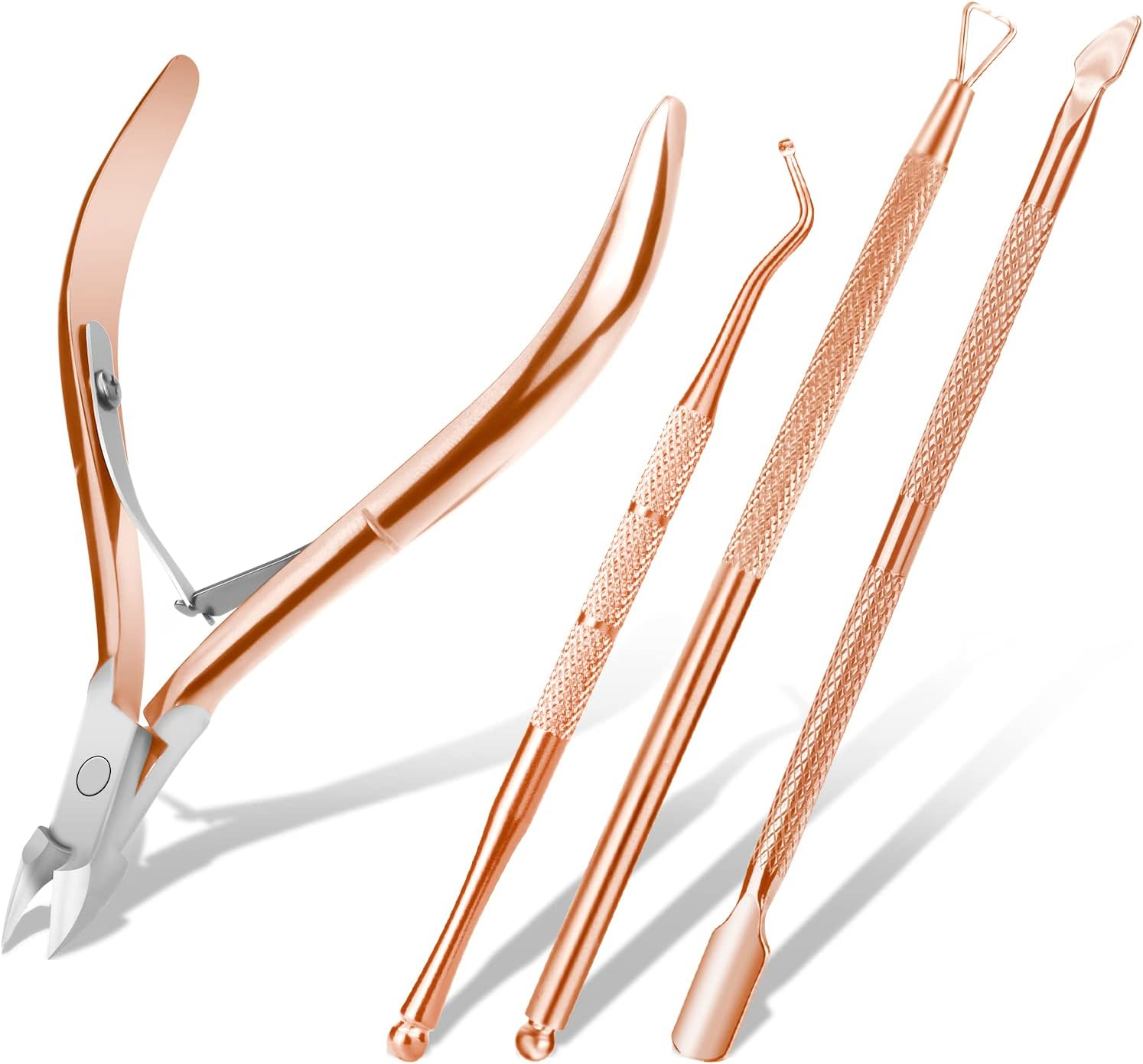 ACWOO Rose Gold 4-Piece Stainless Steel Nail Clippers, Cuticle Nippers, Pusher, Remover Set for Toenails and Fingernails