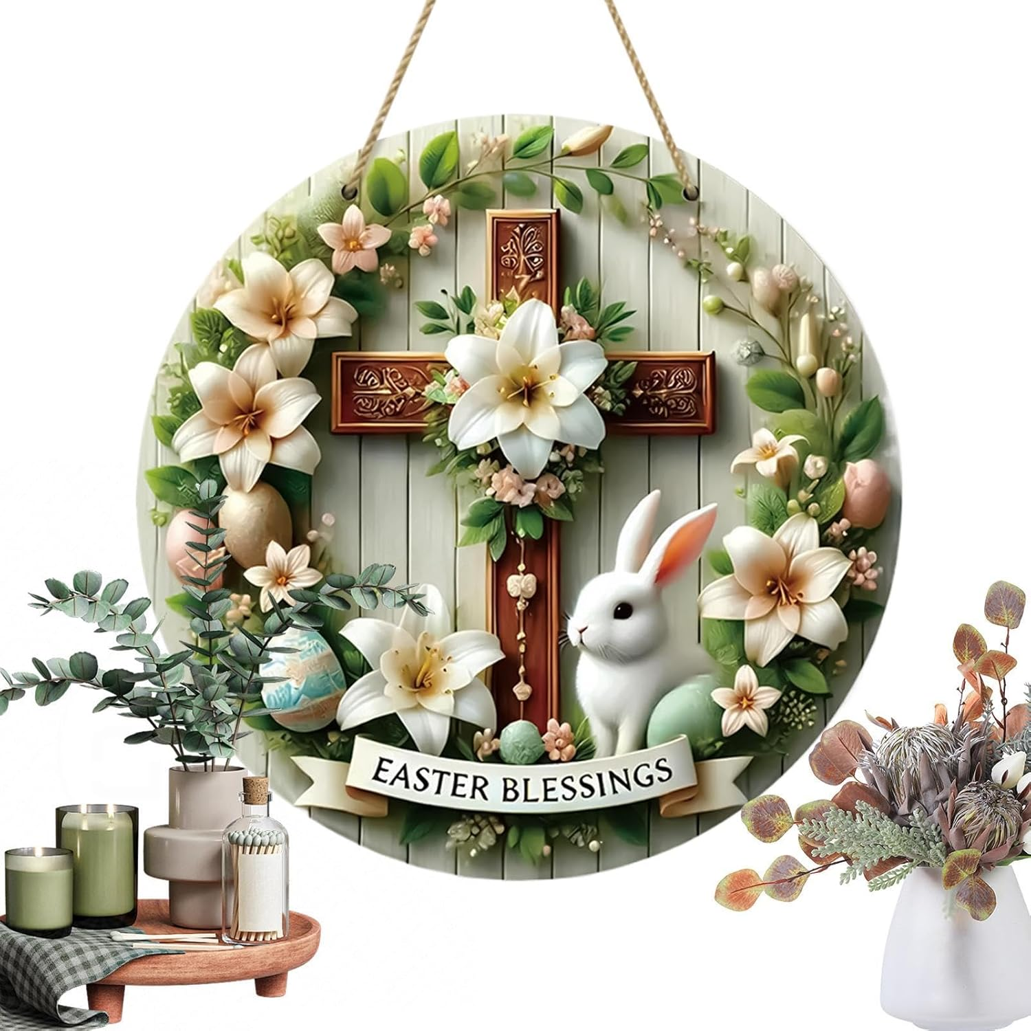 Easter Dangling Sign - Easter Blessing Welcome Sign for Front Door | 20Cm round Plate Dangling Decoration, Bunny with Colorful Eggs Decor for Home Farmhouse Indoor Outdoor image number 6