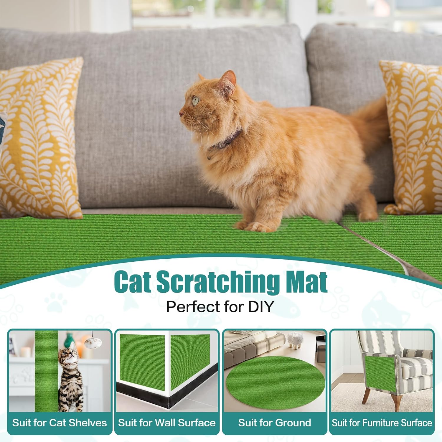 Scratching Mat, Self-Adhesive Scratching Mat, Cat Sofa, Scratching Boards, Cat Wall Scratching Board, Cat Wall Scratch Protection Wall (Fruit Green, 40 Cm X 2 M) image number 6