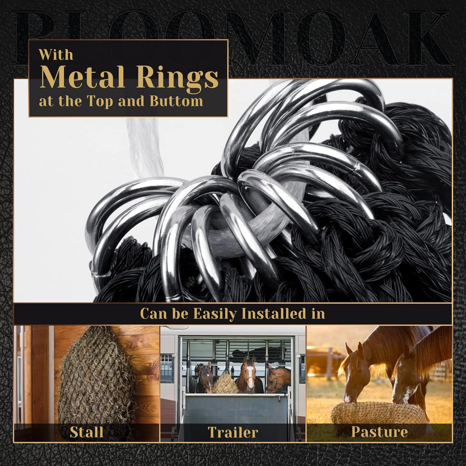 Bloomoak Slow Feed Hay Net for Horses, Durable Black PE, Fits 2 Hay Bales (91X46X46 Cm), Extends to 127 Cm, 4 Cm Holes image number 2