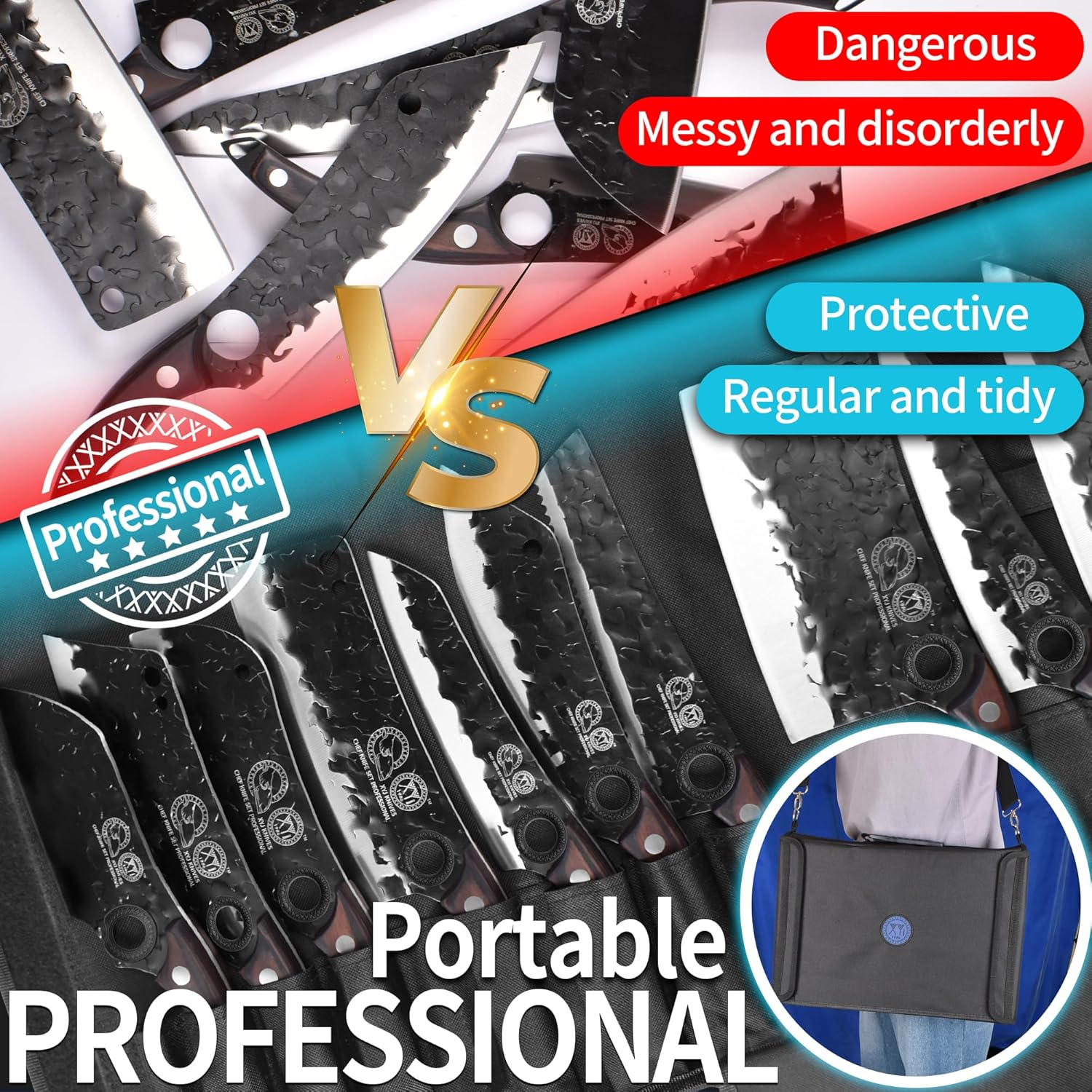 XYJ 10-Pcs Kitchen Knife Set,Forged Chef Knives,Vegetable Meat Cleaver,Carving,Nakiri,Full Tang,Cutlery Knife with Carry Bag,&Poultry Scissor (Coffee)