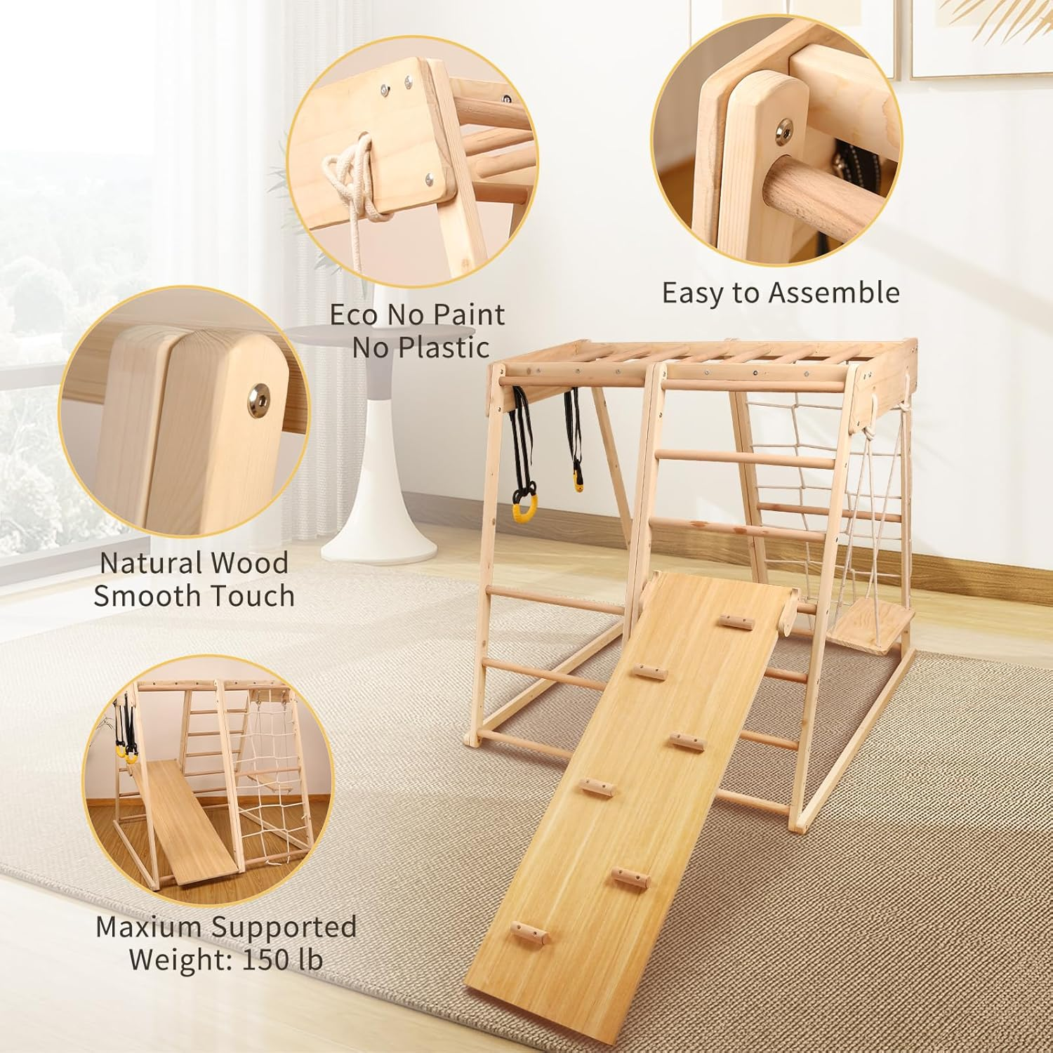 Climbing Frame,Toddler Montessori Wood Playset 9-In-1 with Slide,Toddler Slide,Swing,Jungle Gym,Swedish Ladder,Monkey Bars,Rope Ladder,Rock Wall Dome for Kid Ages 1-7 New Ogelo image number 2