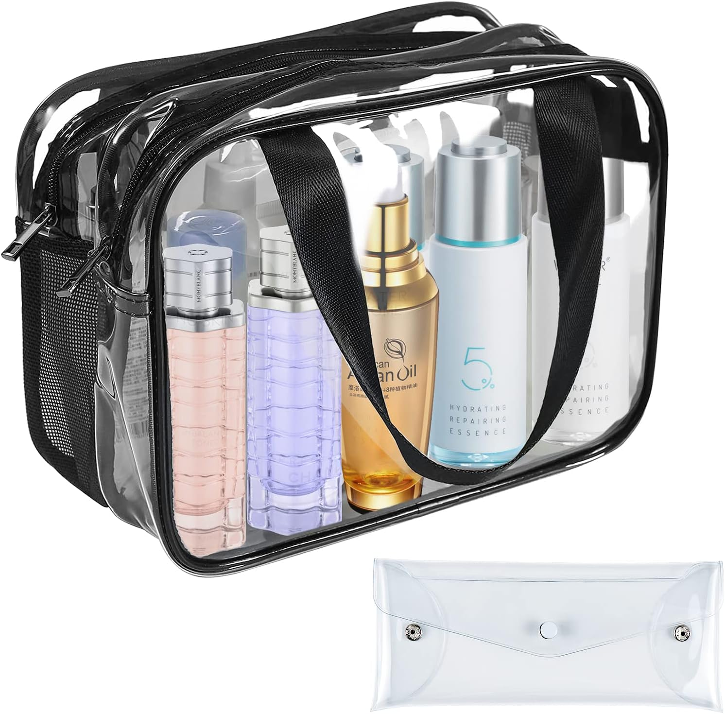 Hysagtek Clear Cosmetics Bag Toiletry Shower Bag, Large Travel Bag for Toiletries with Zipper, Waterproof & Draining PVC Makeup Tote Bag Bathroom Mesh Caddy for Gym Travel Business Camping Beach Spa, Black, Clear image number 4