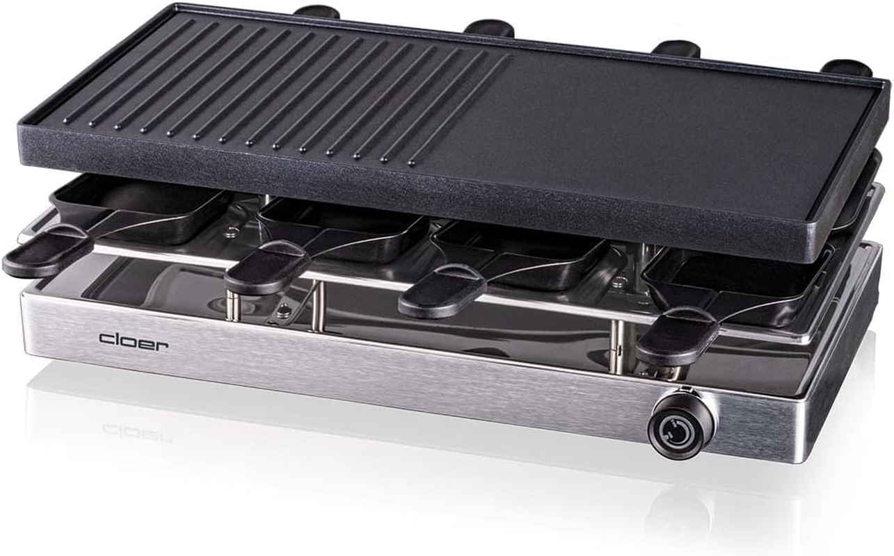 Cloer 6458 Raclette Grill with Die-Cast Aluminium Plate, 1200 W, 8 Non-Stick Raclette Pans, Plastic Spatula, Unheated Parking, Aluminium image number 5