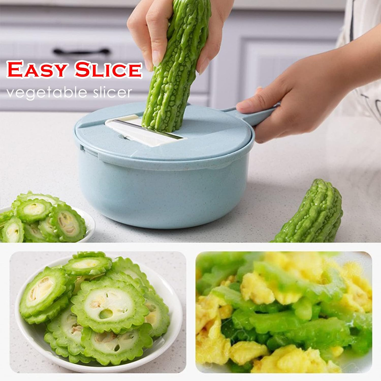 Vegetable Cutter Onion Vegetable Potato Cheese Food Mandolin Hand Cutter Dicer Cutter with Container 5 Blades Adjustable Blue image number 1