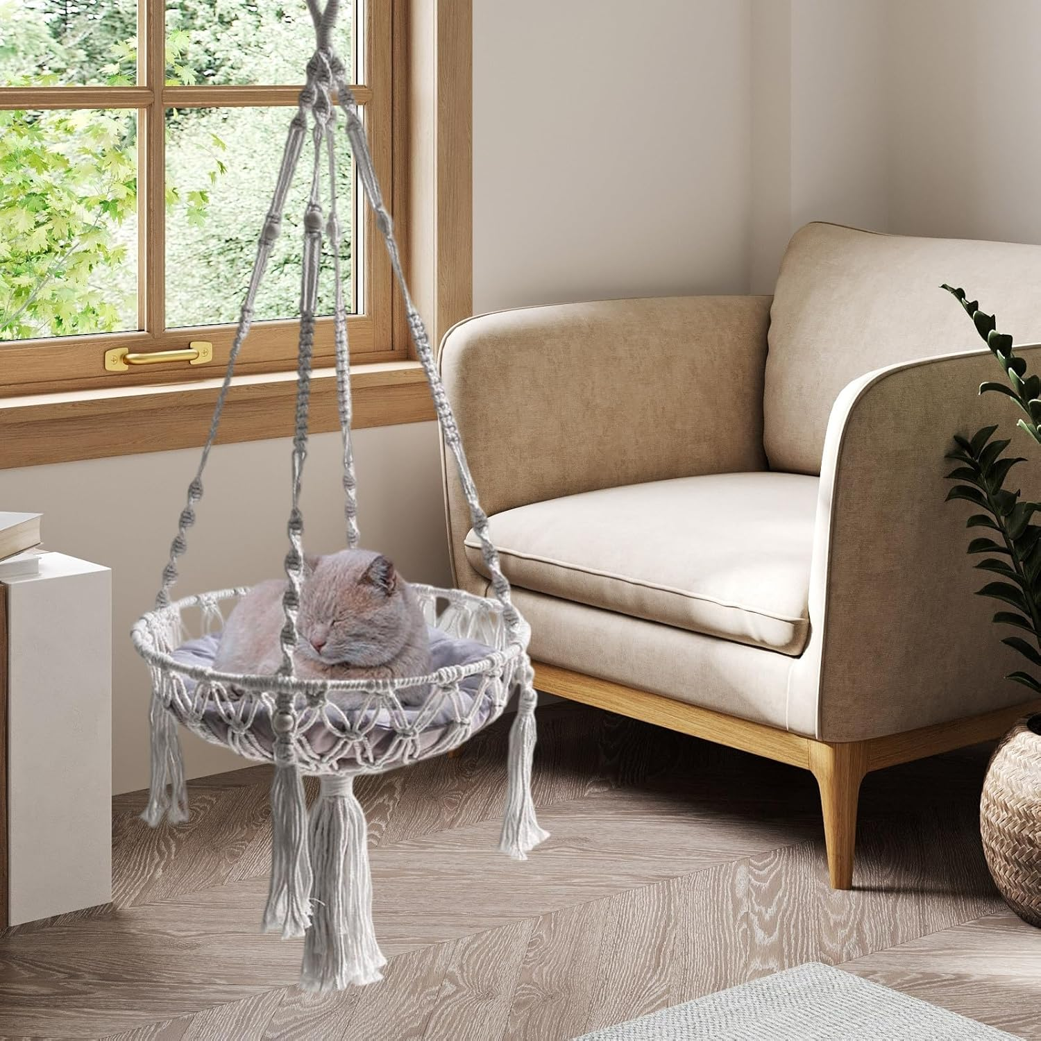 Macrame Cat Hammock - Macrame Cat Summer Bed - Cotton Rope Woven Net Decorative Basket for Cats and Puppies for Climbing Storage Bedside Desk Perch Windowside Outdoor image number 3