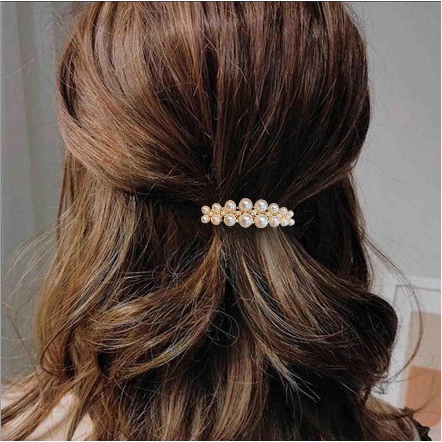 Enautoabs Vintage Pearl Hair Clip Barrette Pearl French Hair Clip Gold Pearl Hair Clip Pearl Wedding Hair Pin Clip Imitation Pearl Ponytail Clip Decorative Hair Accessories image number 4