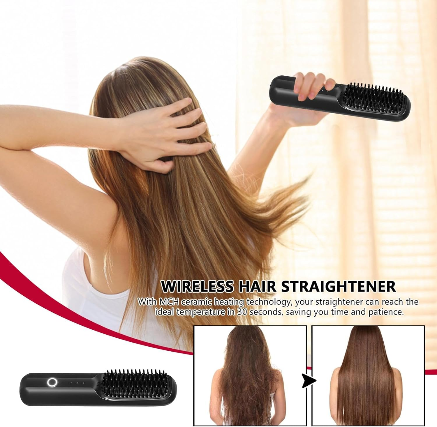 Cordless Hair Straightener, Rechargeable Straightening Brush, Portable Straightening Brush for Travel, Wireless Hot Comb with 3 Temp Settings, Negative Ionic, Fast Heating Hair Styling image number 6