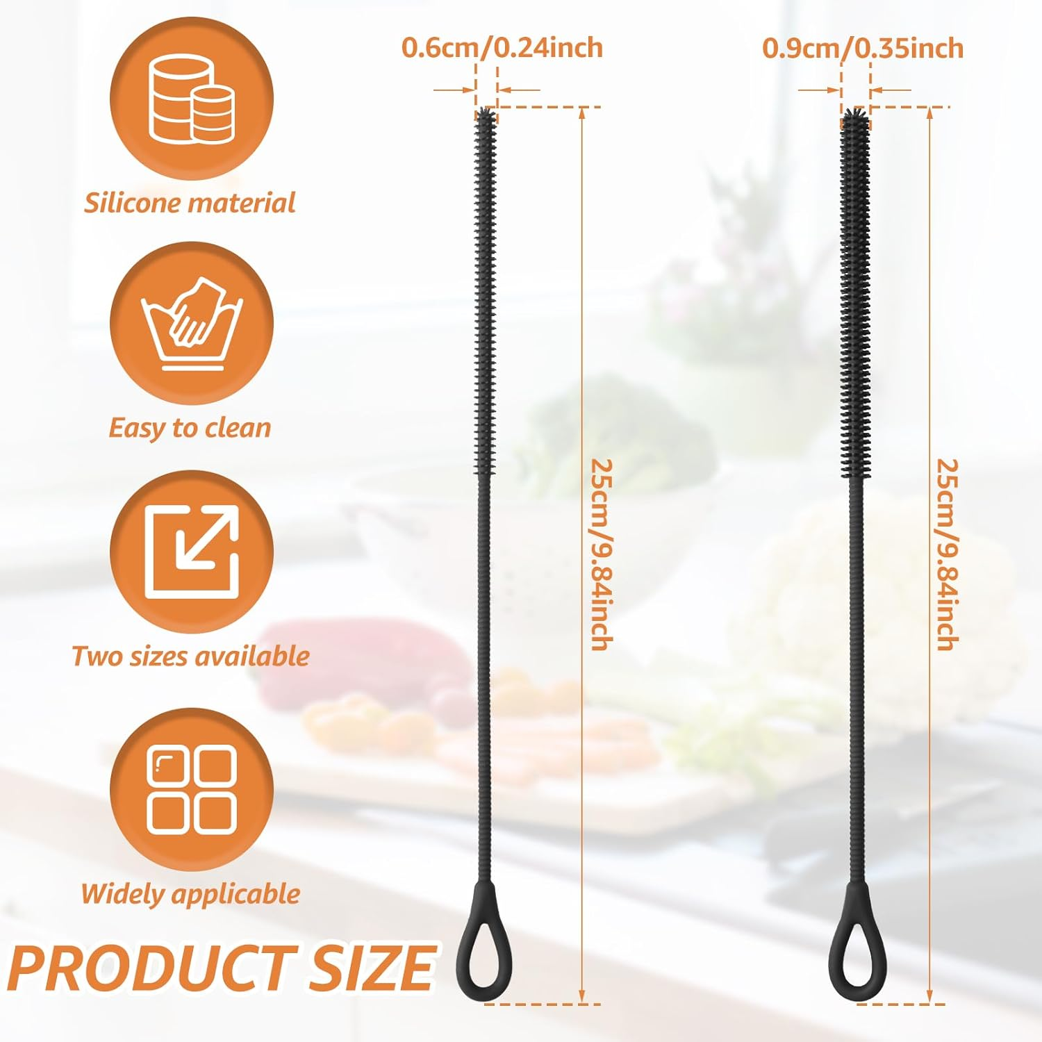 2 Pcs Silicone Straw Cleaner Brush Reusable Straw Cleaner Pipe Cleaning Brush with Aniti Slip Long Handle for Glass Pipe 6Mm and 9Mm(Black,2) image number 1