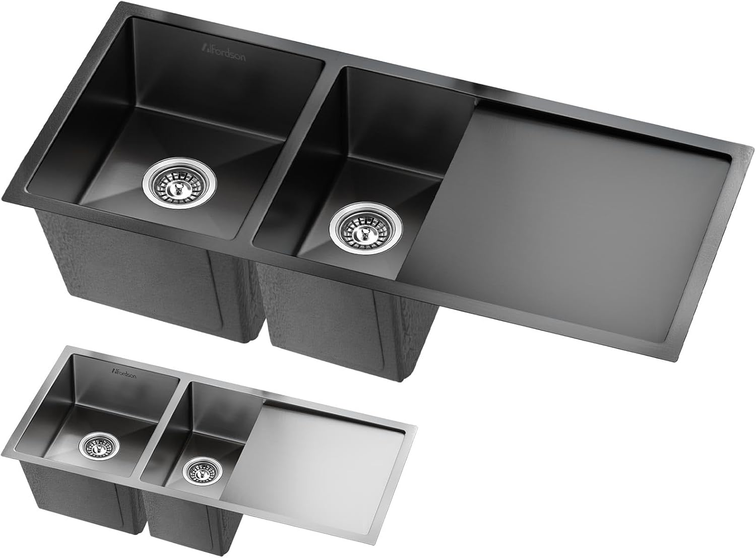 ALFORDSON Stainless Steel Kitchen Sink Double Bowls with Drainboard & Waste Strainers, 1000Mm X 450Mm X 205Mm, Water Basin Sinks with 3Mm Thick Edge, Dishwashing Workstation, Silver Color