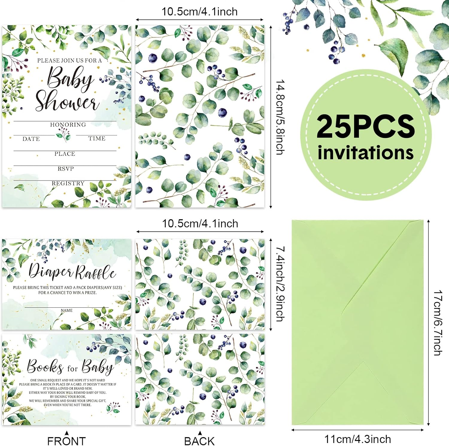 Leinuosen 25 Sets Greenery Baby Shower Invitations, Diaper Raffle Tickets, Baby Shower Book Request Cards with Envelopes for Baby Shower, Engagement and Birthday Party Decorations image number 4
