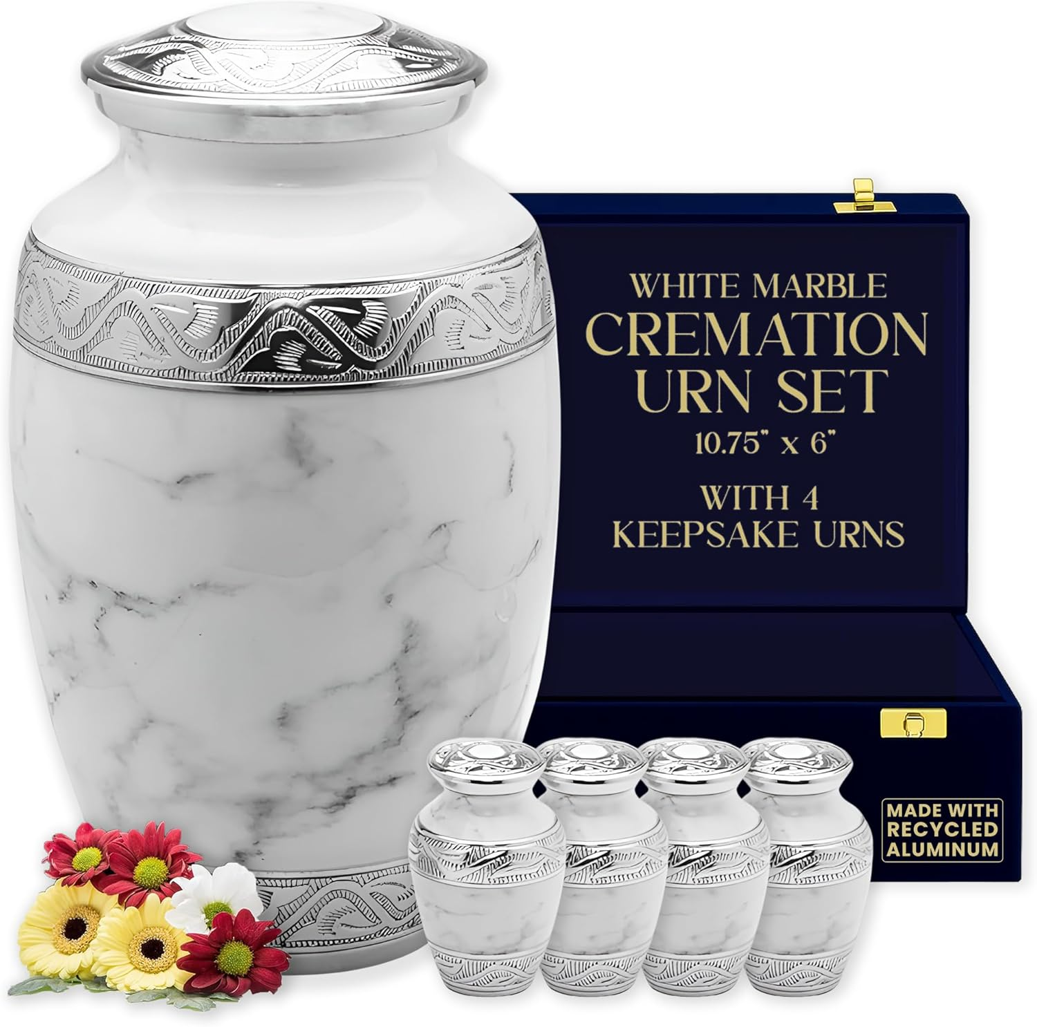 GR8 Keepsakes White Marble Urn with 4 Small Keepsake Urns for Human Ashes - Adult Male, Female, Decorative Cremation Urn image number 3