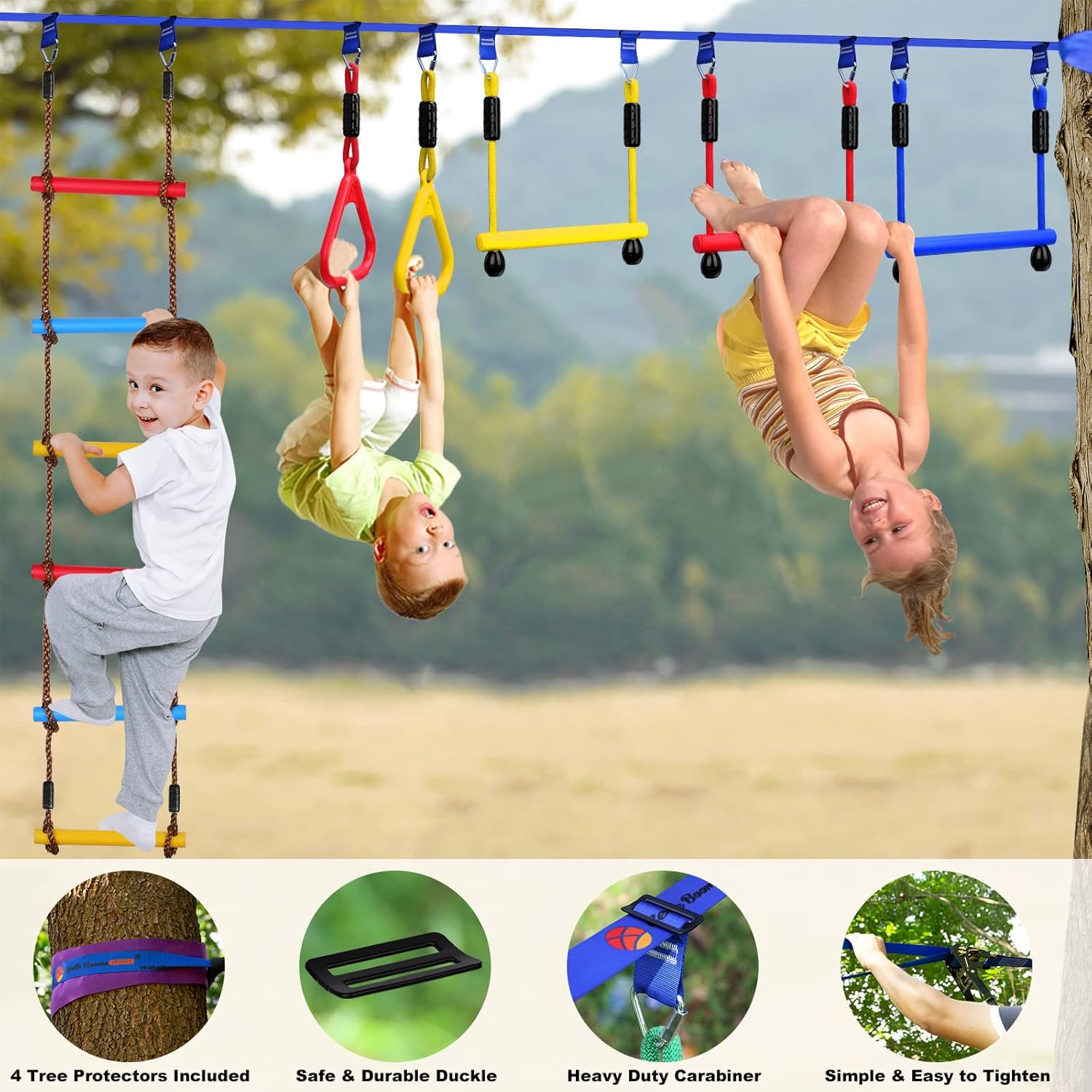 Ninja Warrior Obstacle Course for Kids, 2&times;56Ft Slackline Kit with 8 Ninja Accessories - Monkey Bar, Rope Ladder, Gymnastic Ring, Arm Trainer and Monkey Fist image number 5