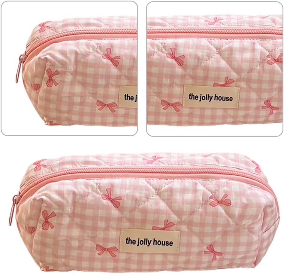 AZURAOKEY Quilted Makeup Bag Pink Bows Cosmetic Bag for Women Quilted Cotton Makeup Bag Set, Portable Coquette Aesthetic Toiletry Bag with Zipper, Cute Bows Travel Toilet Bag, Pink, S, Fashion image number 2