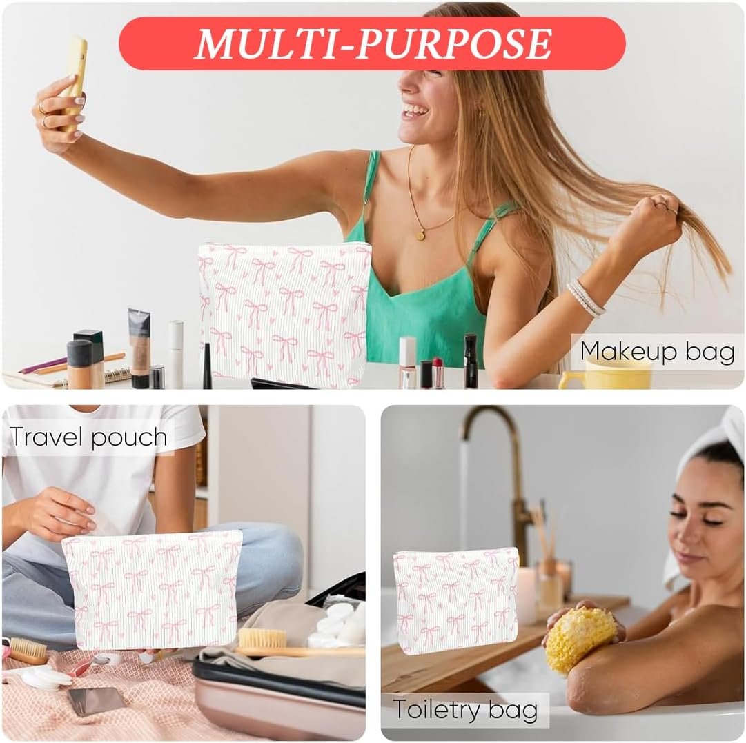 JYNVO Cosmetic Bag Small Bow Make up Bag Women Girls Makeup Bag Organiser for Travel Gift - Pink