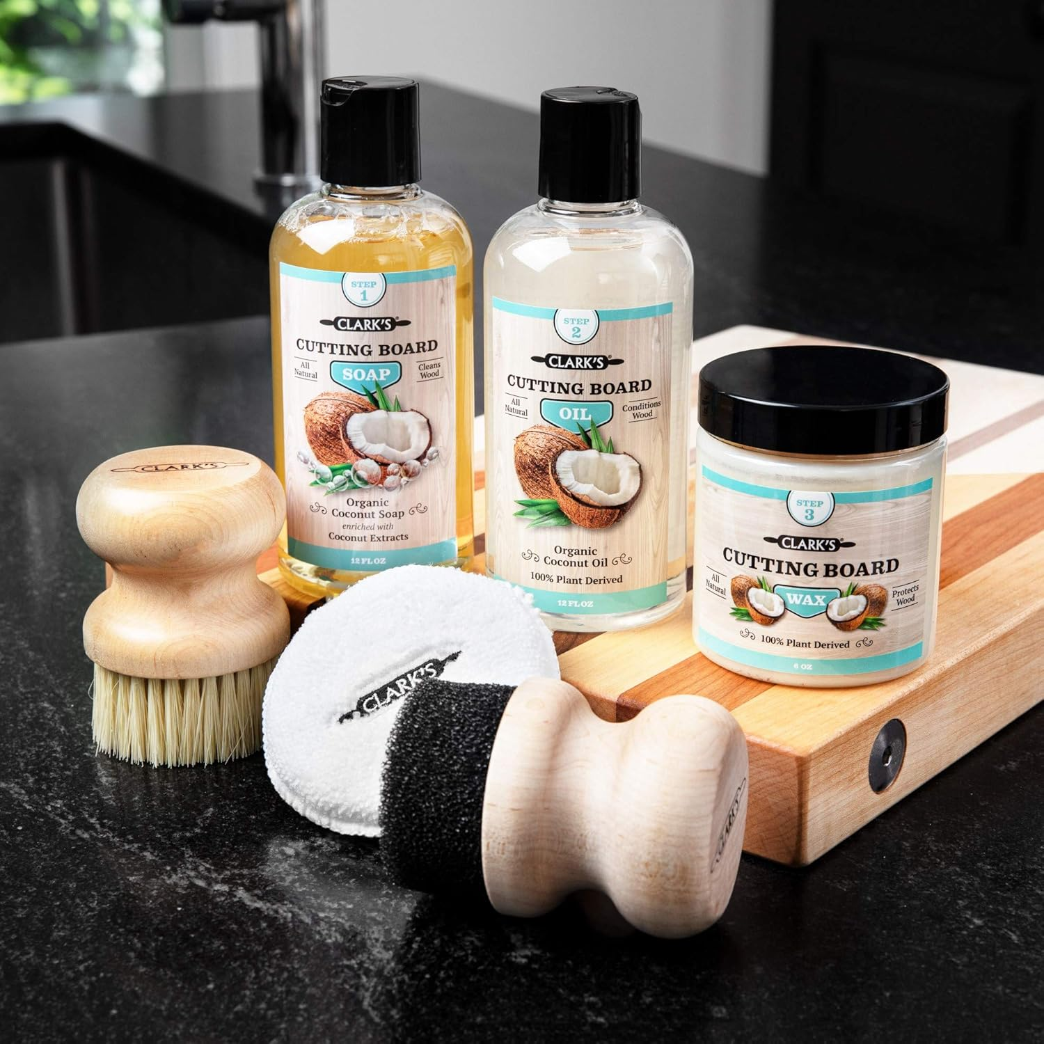 CLARK'S Cutting Board Care Kit with Coconut Oil - Includes Wax, Soap, Scrub Brush, Buffing Pad, and Applicator - for Kitchen Countertops, Butcher Blocks, Wooden Bowls and Utensils - Food Safe image number 3