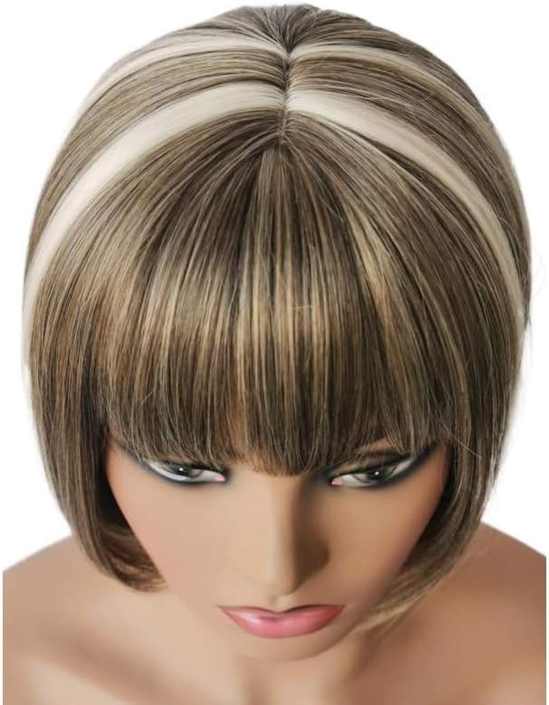 AUBWIG Brown Mixed White Bob Wigs Classic Short Bob Short Straight Wig with Fringe Heat Resistant Synthetic Wigs (Brown Mixed White) image number 3
